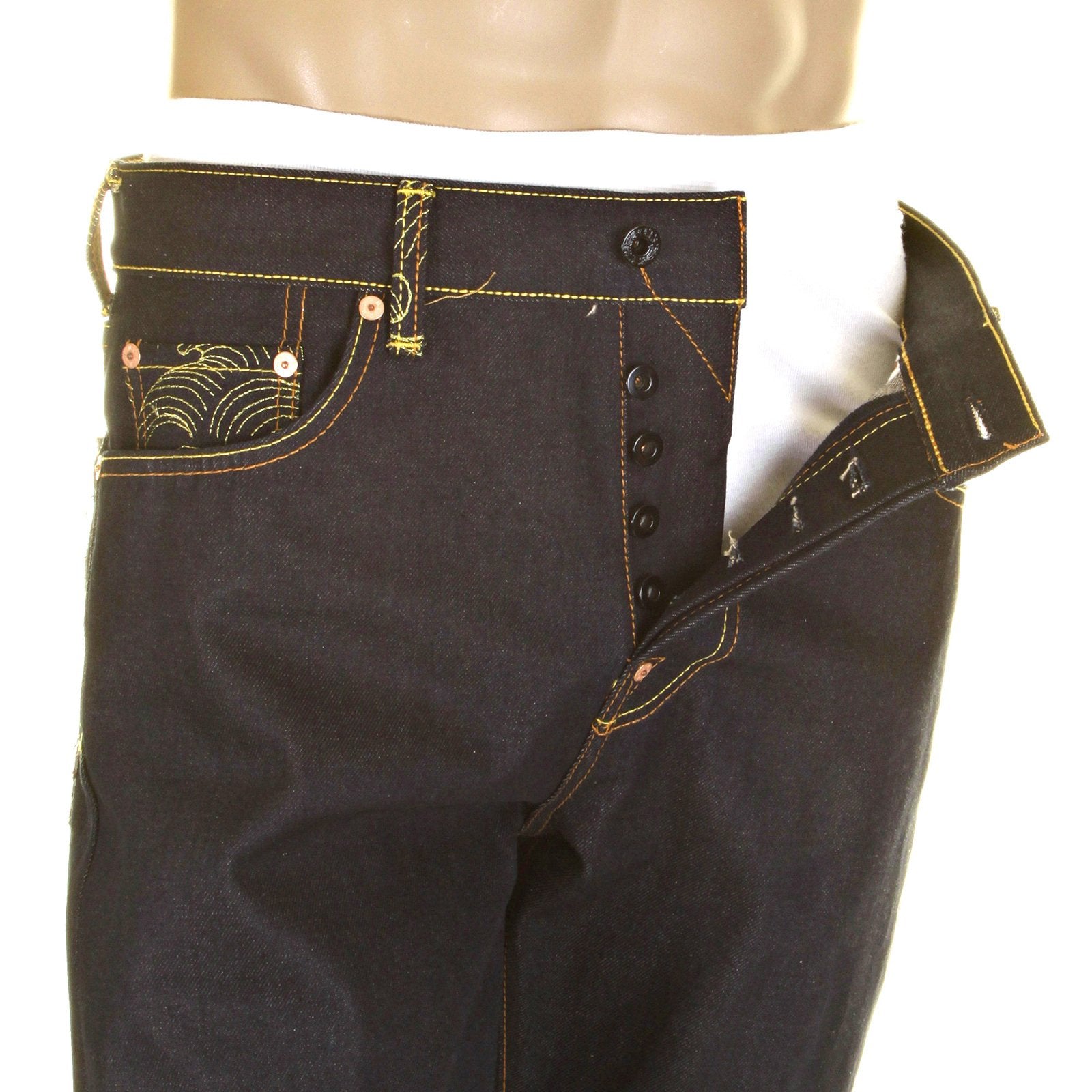 RMC MODEL 1001 SLIMMER CUT RED TSUNAMI WAVE AND LOGO DARK INDIGO SELVEDGE RAW DENIM JEANS REDM0091