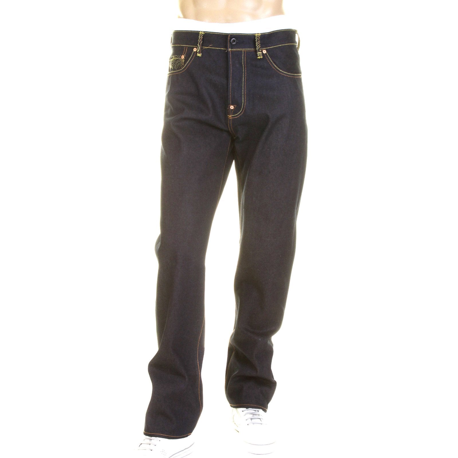RMC MODEL 1001 SLIMMER CUT RED TSUNAMI WAVE AND LOGO DARK INDIGO SELVEDGE RAW DENIM JEANS REDM0091