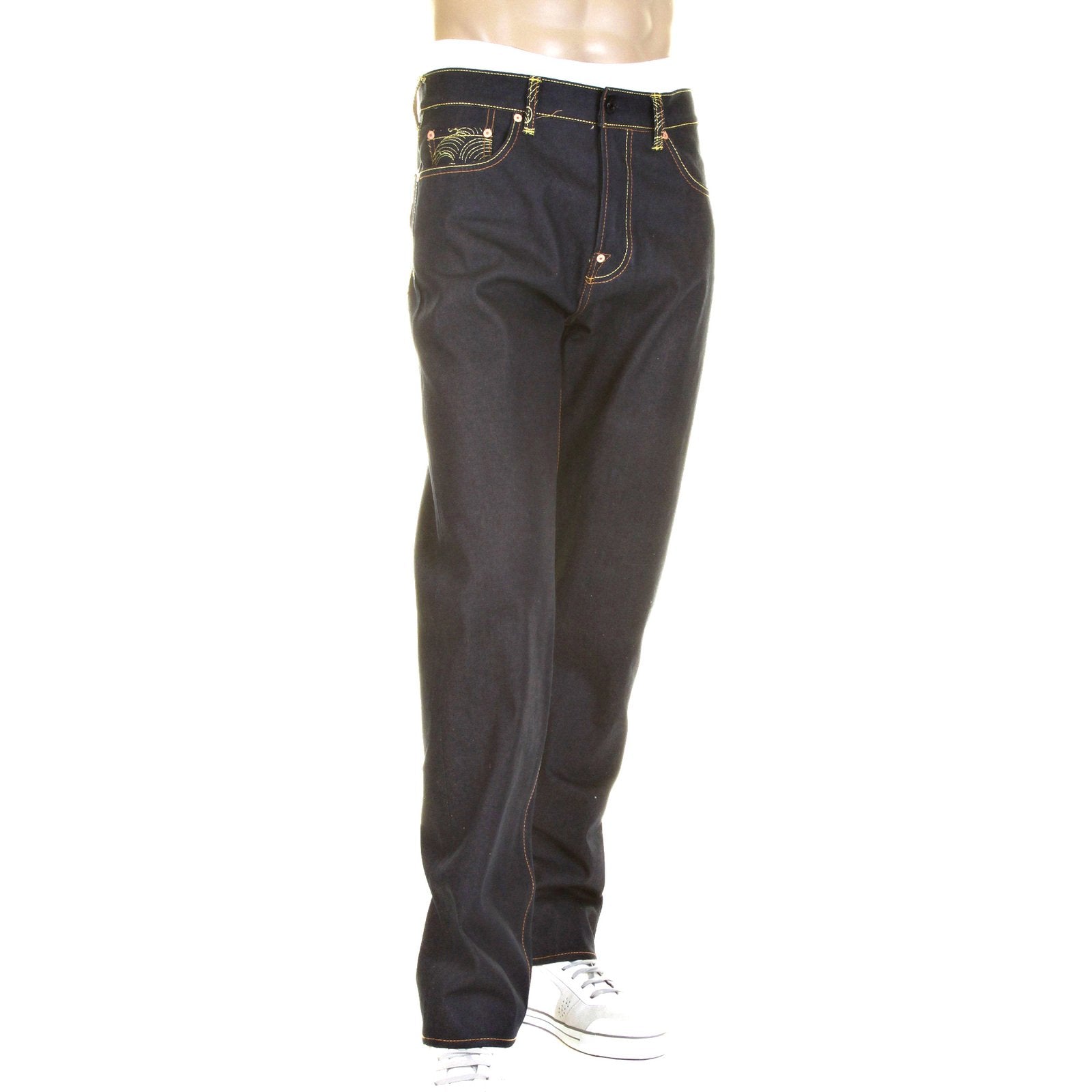 RMC MODEL 1001 SLIMMER CUT RED TSUNAMI WAVE AND LOGO DARK INDIGO SELVEDGE RAW DENIM JEANS REDM0091