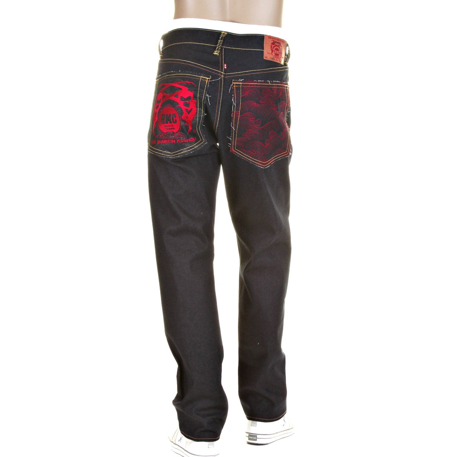 RMC MODEL 1001 SLIMMER CUT RED TSUNAMI WAVE AND LOGO DARK INDIGO SELVEDGE RAW DENIM JEANS REDM0091