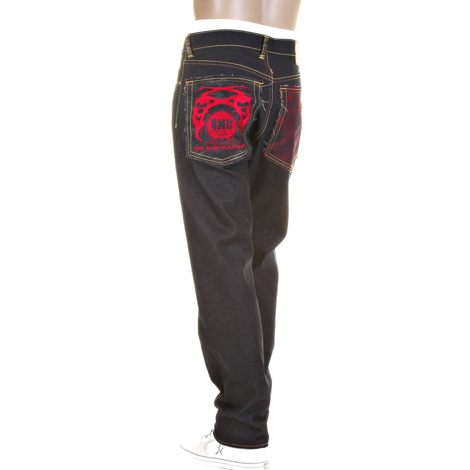 RMC MODEL 1001 SLIMMER CUT RED TSUNAMI WAVE AND LOGO DARK INDIGO SELVEDGE RAW DENIM JEANS REDM0091
