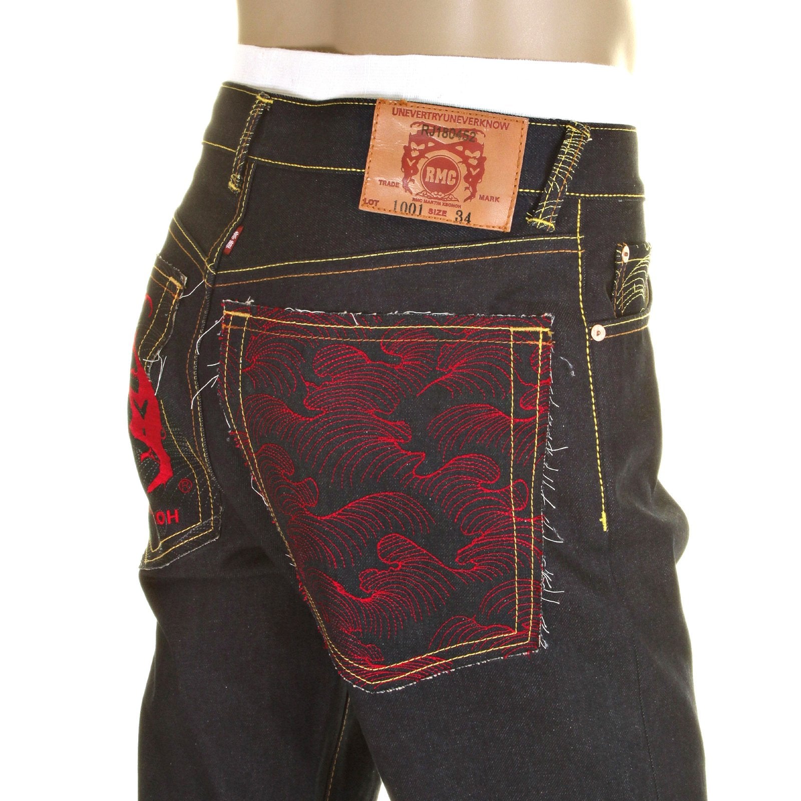 RMC MODEL 1001 SLIMMER CUT RED TSUNAMI WAVE AND LOGO DARK INDIGO SELVEDGE RAW DENIM JEANS REDM0091