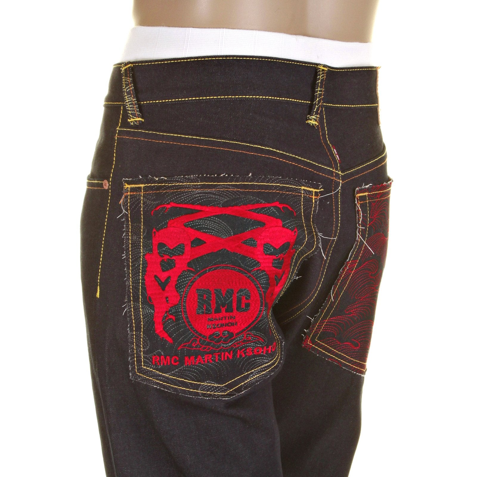 RMC MODEL 1001 SLIMMER CUT RED TSUNAMI WAVE AND LOGO DARK INDIGO SELVEDGE RAW DENIM JEANS REDM0091