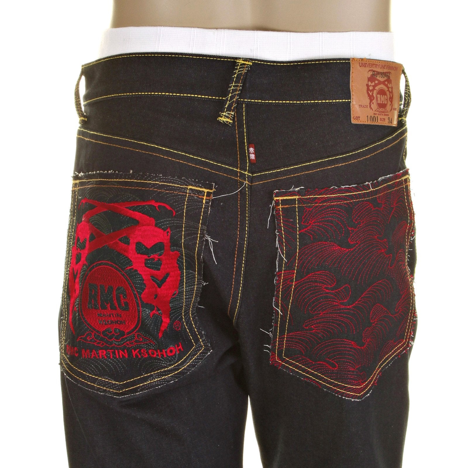 RMC MODEL 1001 SLIMMER CUT RED TSUNAMI WAVE AND LOGO DARK INDIGO SELVEDGE RAW DENIM JEANS REDM0091