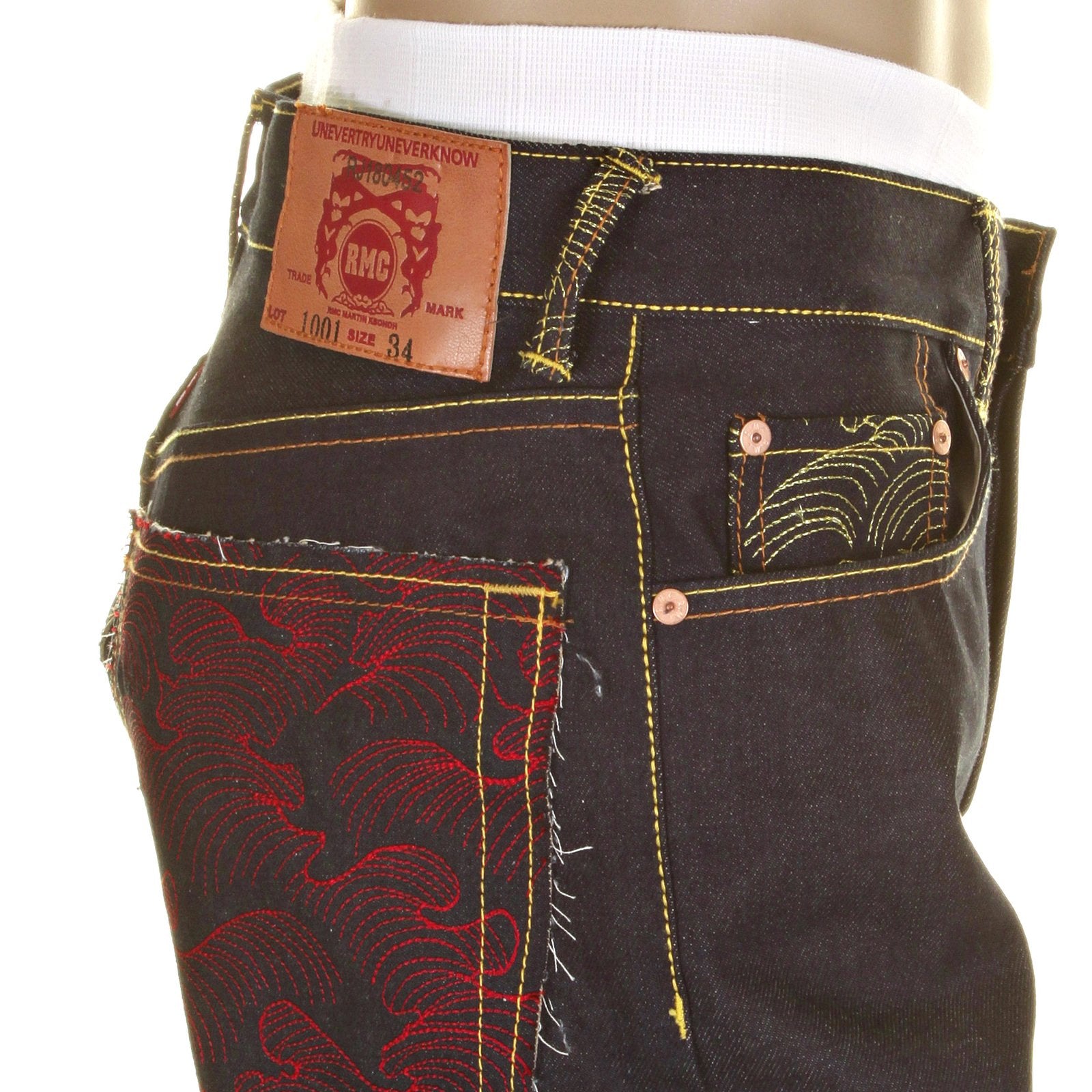 RMC MODEL 1001 SLIMMER CUT RED TSUNAMI WAVE AND LOGO DARK INDIGO SELVEDGE RAW DENIM JEANS REDM0091