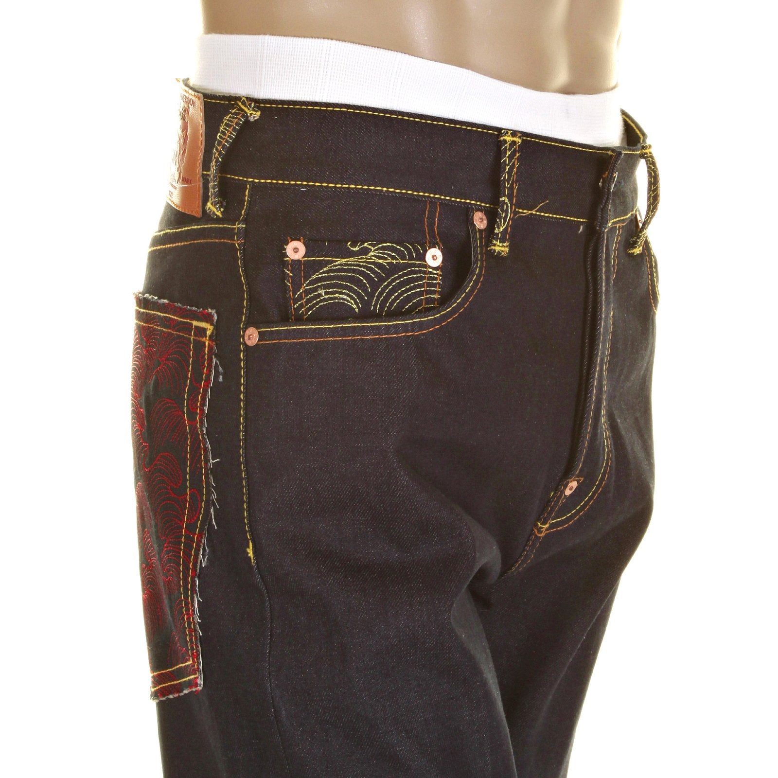 RMC MODEL 1001 SLIMMER CUT RED TSUNAMI WAVE AND LOGO DARK INDIGO SELVEDGE RAW DENIM JEANS REDM0091