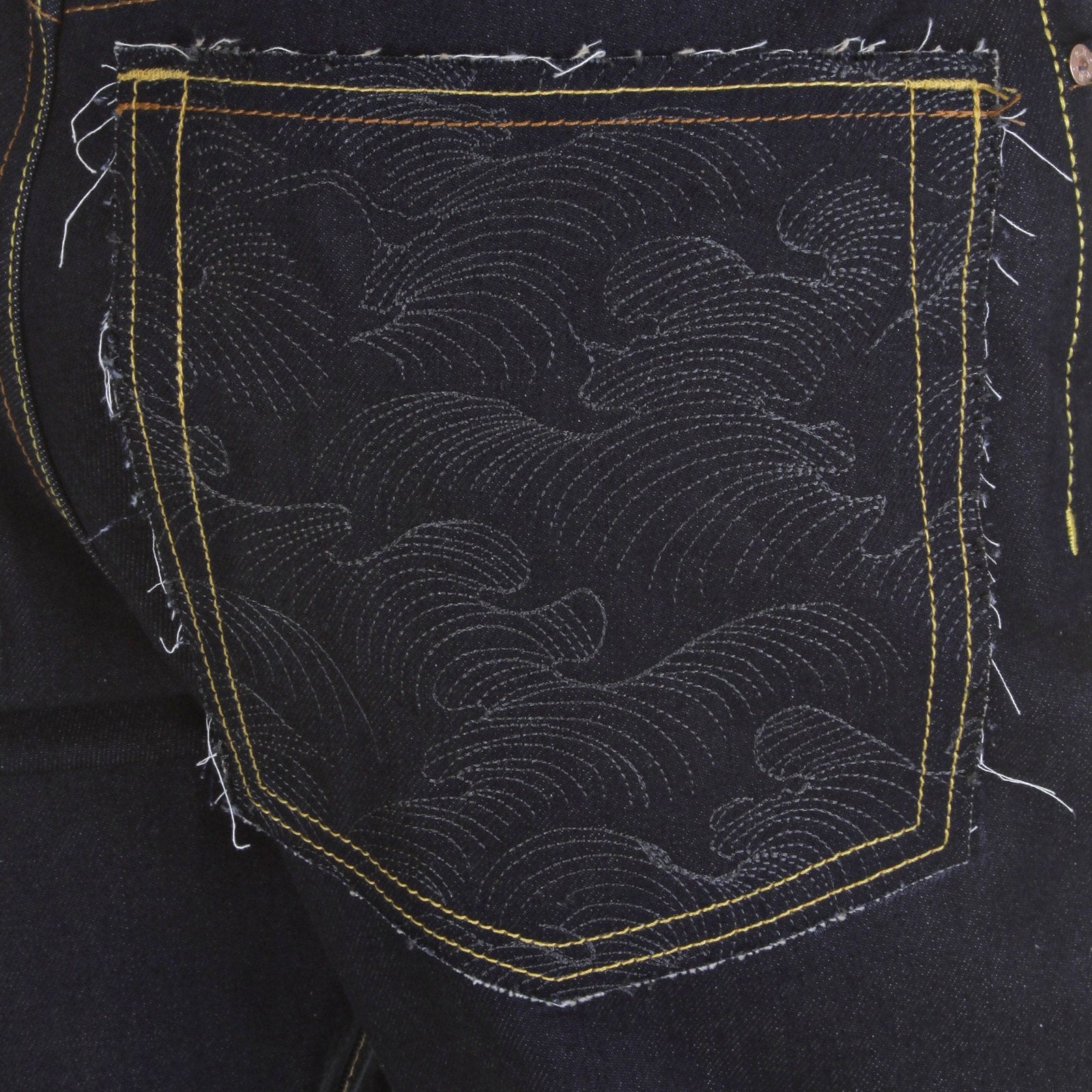 RMC CHARCOAL TSUNAMI WAVE AND LOGO DARK INDIGO SLIMMER CUT 1001 MODEL RAW SELVEDGE DENIM JEANS REDM0238