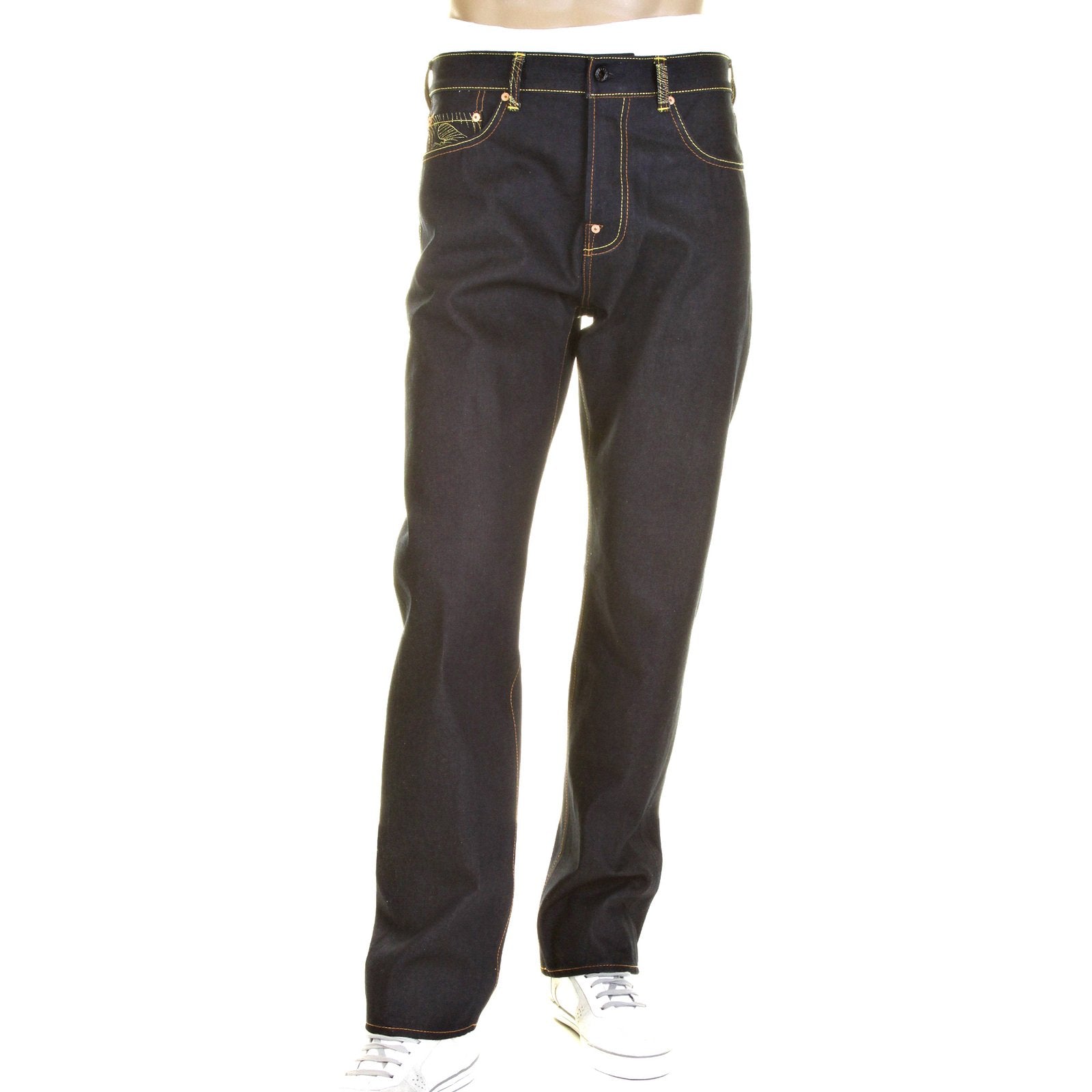 RMC CHARCOAL TSUNAMI WAVE AND LOGO DARK INDIGO SLIMMER CUT 1001 MODEL RAW SELVEDGE DENIM JEANS REDM0238