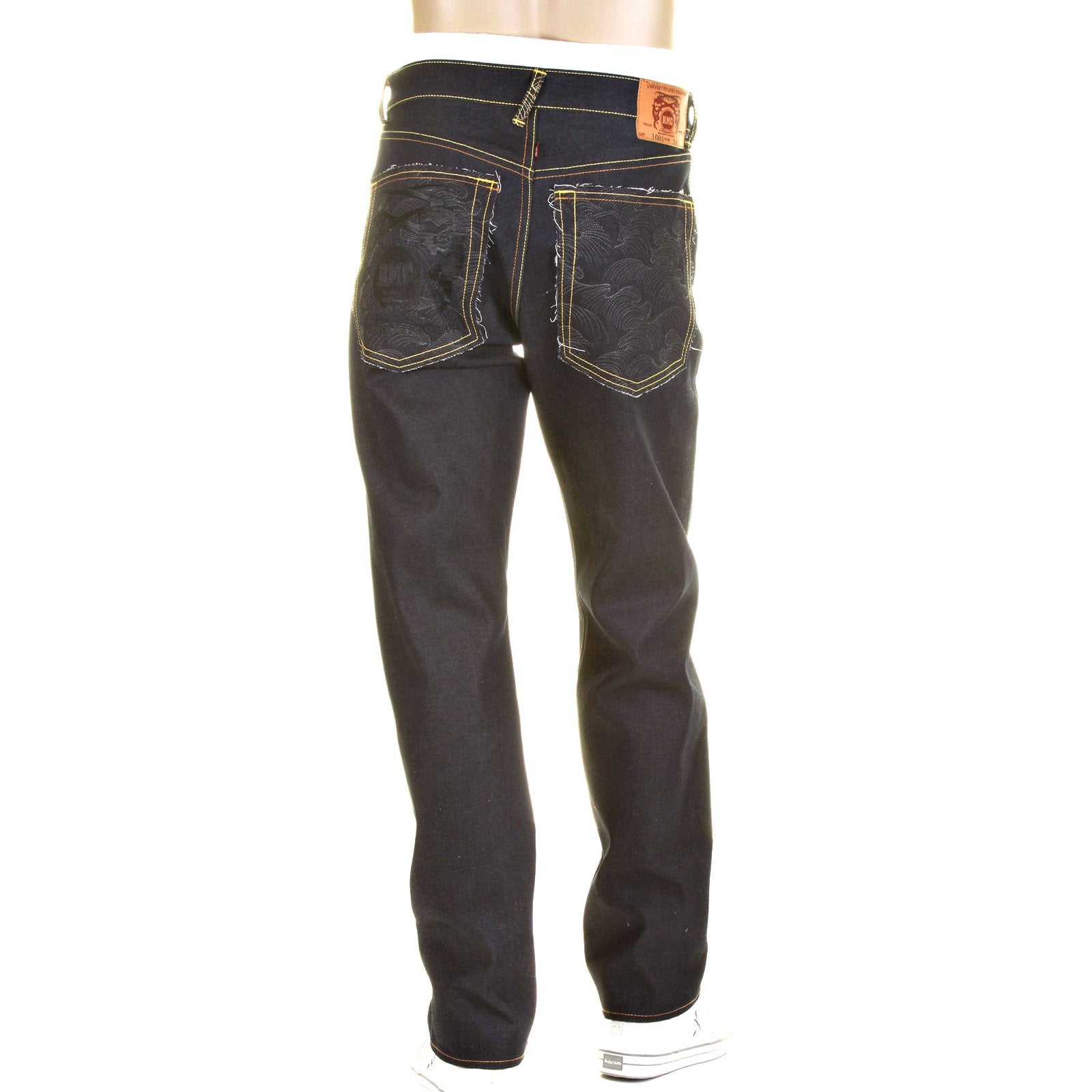 RMC CHARCOAL TSUNAMI WAVE AND LOGO DARK INDIGO SLIMMER CUT 1001 MODEL RAW SELVEDGE DENIM JEANS REDM0238