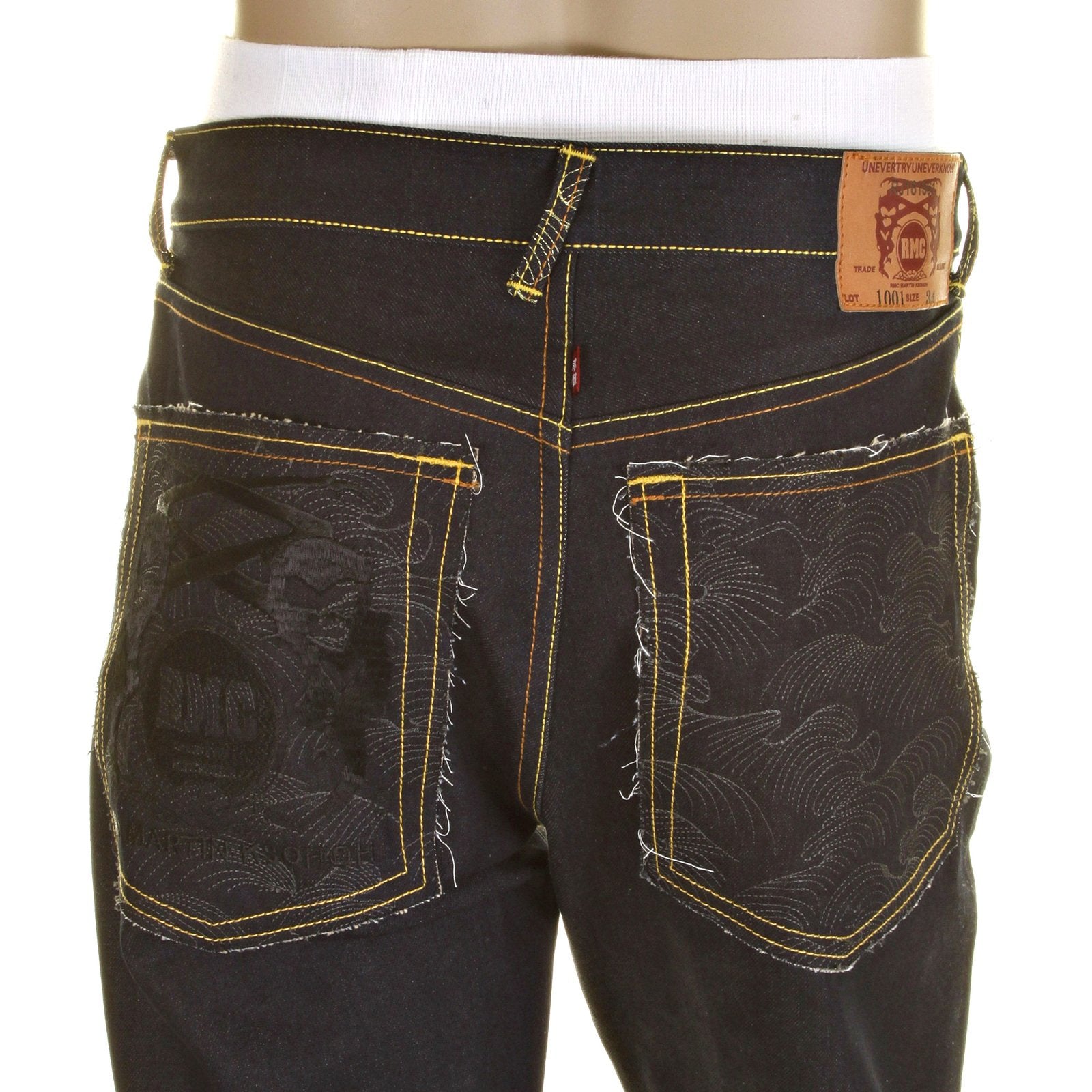 RMC CHARCOAL TSUNAMI WAVE AND LOGO DARK INDIGO SLIMMER CUT 1001 MODEL RAW SELVEDGE DENIM JEANS REDM0238