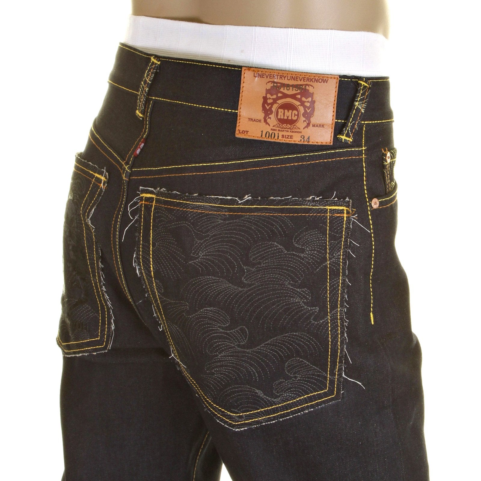RMC CHARCOAL TSUNAMI WAVE AND LOGO DARK INDIGO SLIMMER CUT 1001 MODEL RAW SELVEDGE DENIM JEANS REDM0238