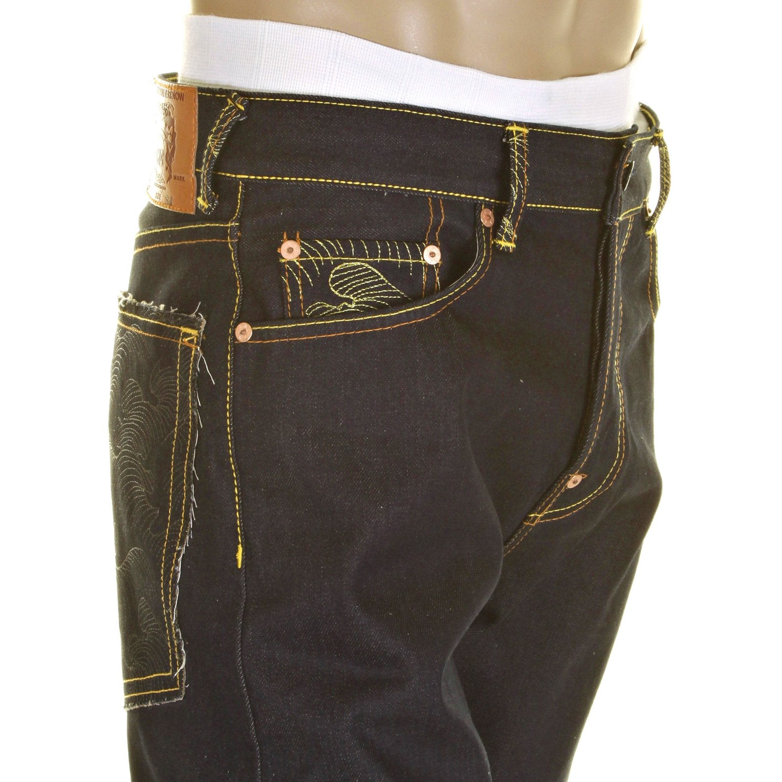 RMC CHARCOAL TSUNAMI WAVE AND LOGO DARK INDIGO SLIMMER CUT 1001 MODEL RAW SELVEDGE DENIM JEANS REDM0238