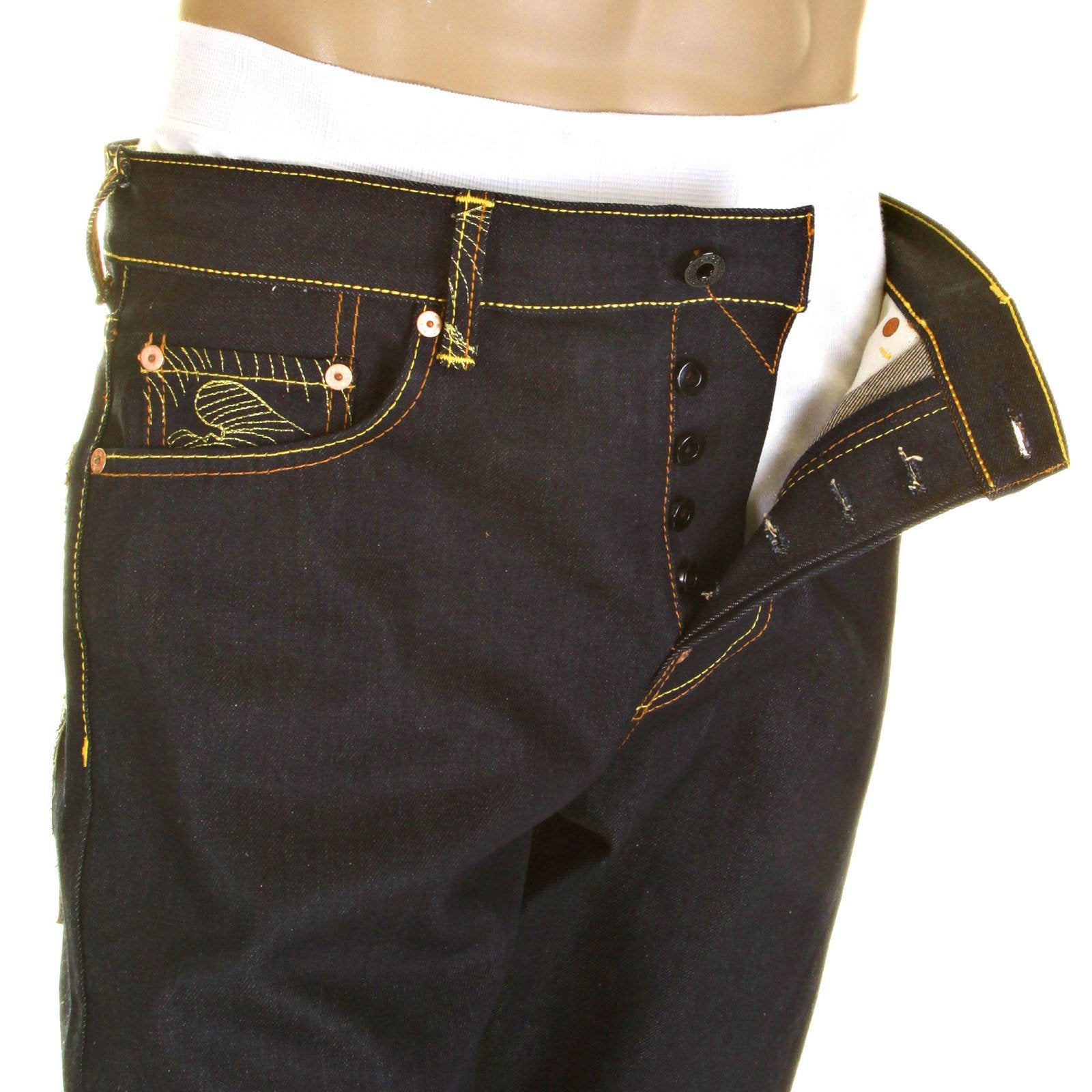 RMC CHARCOAL TSUNAMI WAVE AND LOGO DARK INDIGO SLIMMER CUT 1001 MODEL RAW SELVEDGE DENIM JEANS REDM0238