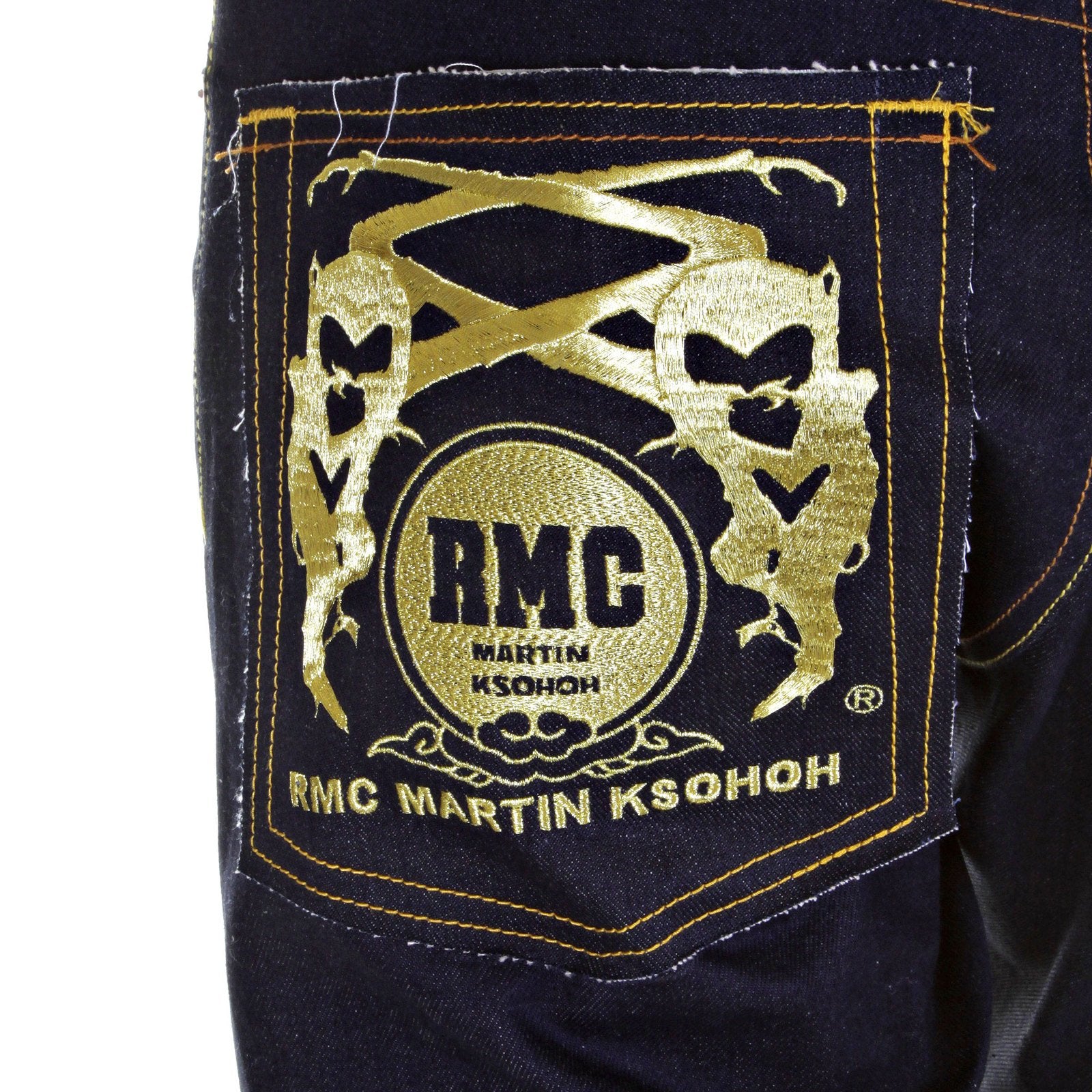 RMC SLIMMER CUT MODEL 1001 AND TSUNAMI WAVE GOLD LOGO DARK INDIGO SELVEDGE RAW DENIM JEANS REDM0240
