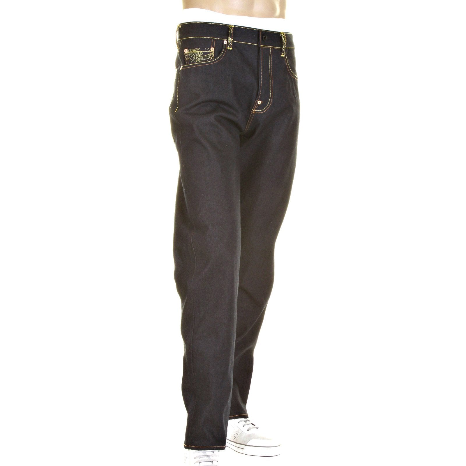 RMC SLIMMER CUT MODEL 1001 AND TSUNAMI WAVE GOLD LOGO DARK INDIGO SELVEDGE RAW DENIM JEANS REDM0240