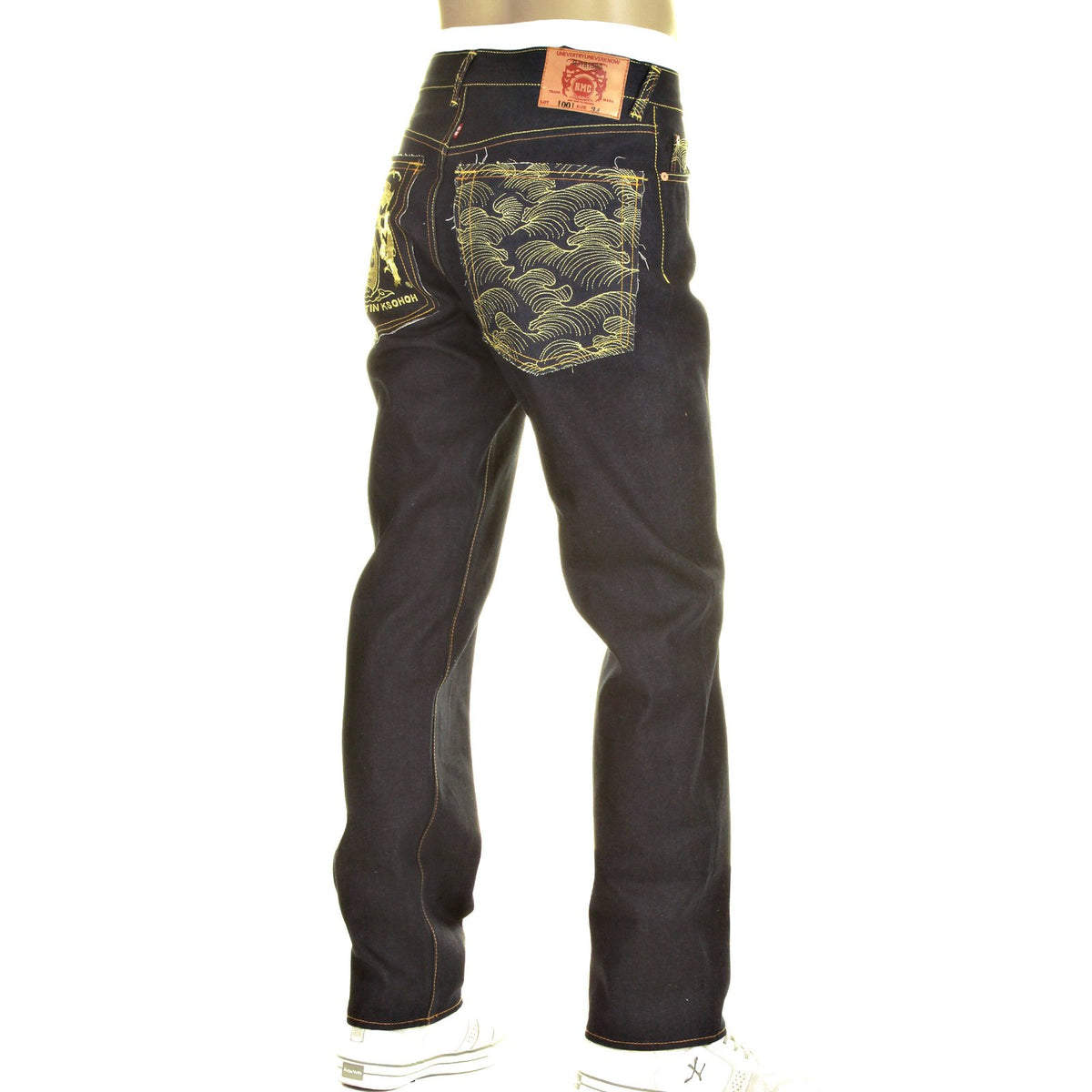 RMC SLIMMER CUT MODEL 1001 AND TSUNAMI WAVE GOLD LOGO DARK INDIGO SELVEDGE RAW DENIM JEANS REDM0240