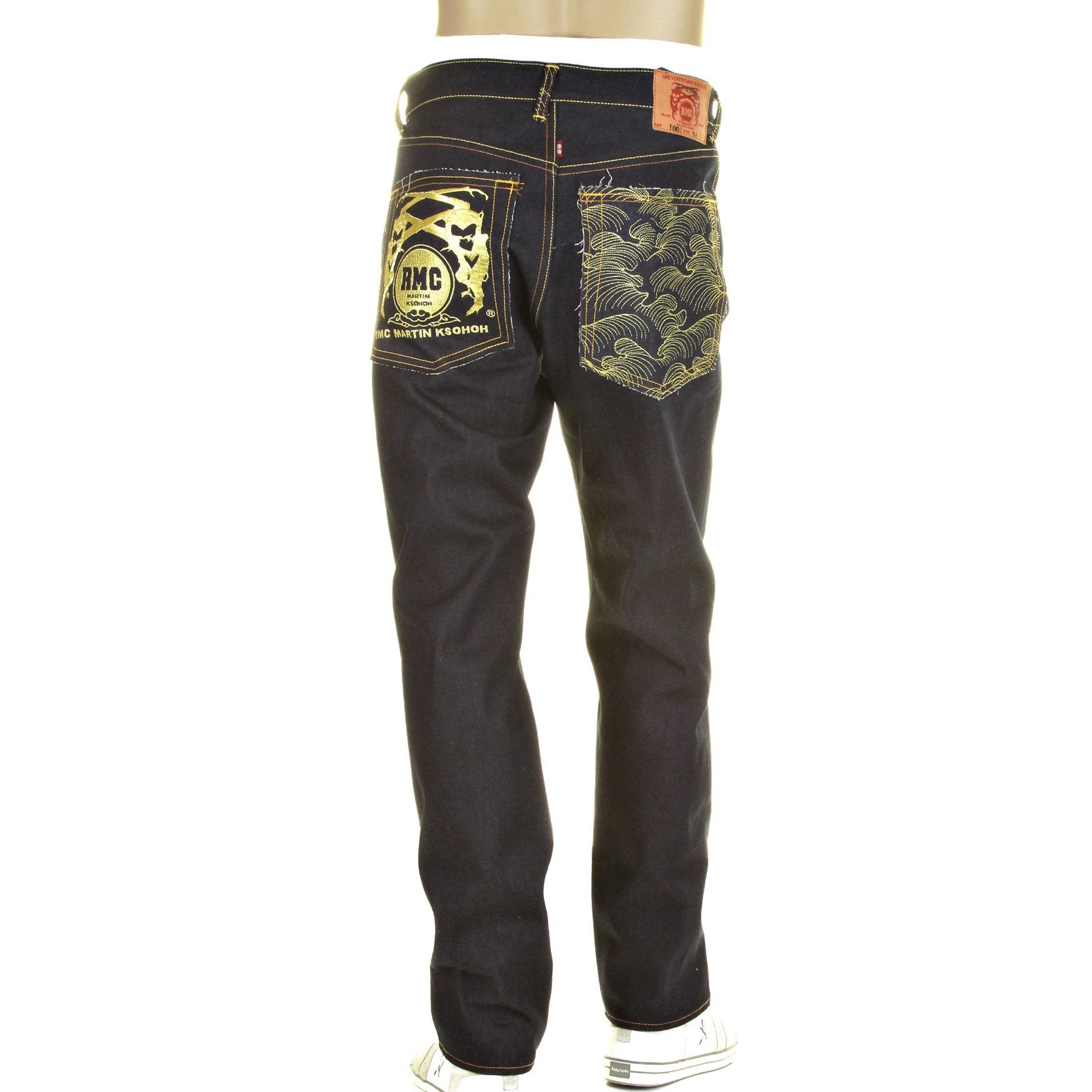 RMC SLIMMER CUT MODEL 1001 AND TSUNAMI WAVE GOLD LOGO DARK INDIGO SELVEDGE RAW DENIM JEANS REDM0240