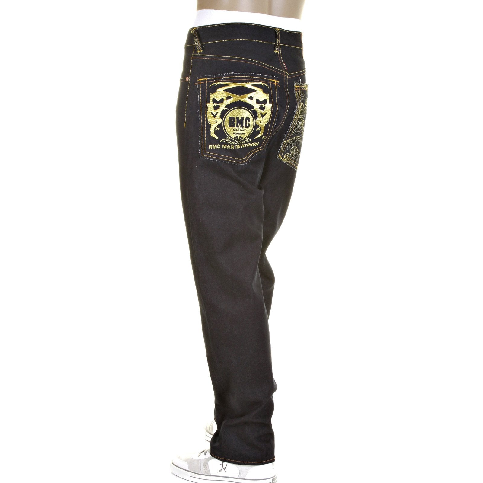RMC SLIMMER CUT MODEL 1001 AND TSUNAMI WAVE GOLD LOGO DARK INDIGO SELVEDGE RAW DENIM JEANS REDM0240
