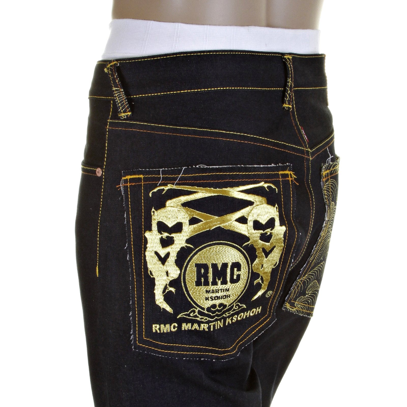 RMC SLIMMER CUT MODEL 1001 AND TSUNAMI WAVE GOLD LOGO DARK INDIGO SELVEDGE RAW DENIM JEANS REDM0240