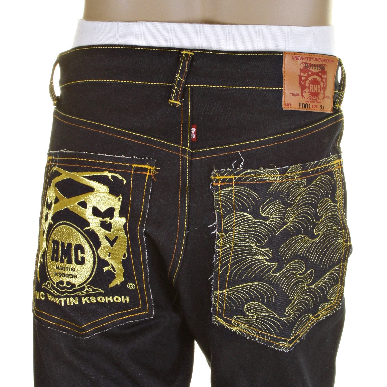 RMC SLIMMER CUT MODEL 1001 AND TSUNAMI WAVE GOLD LOGO DARK INDIGO SELVEDGE RAW DENIM JEANS REDM0240