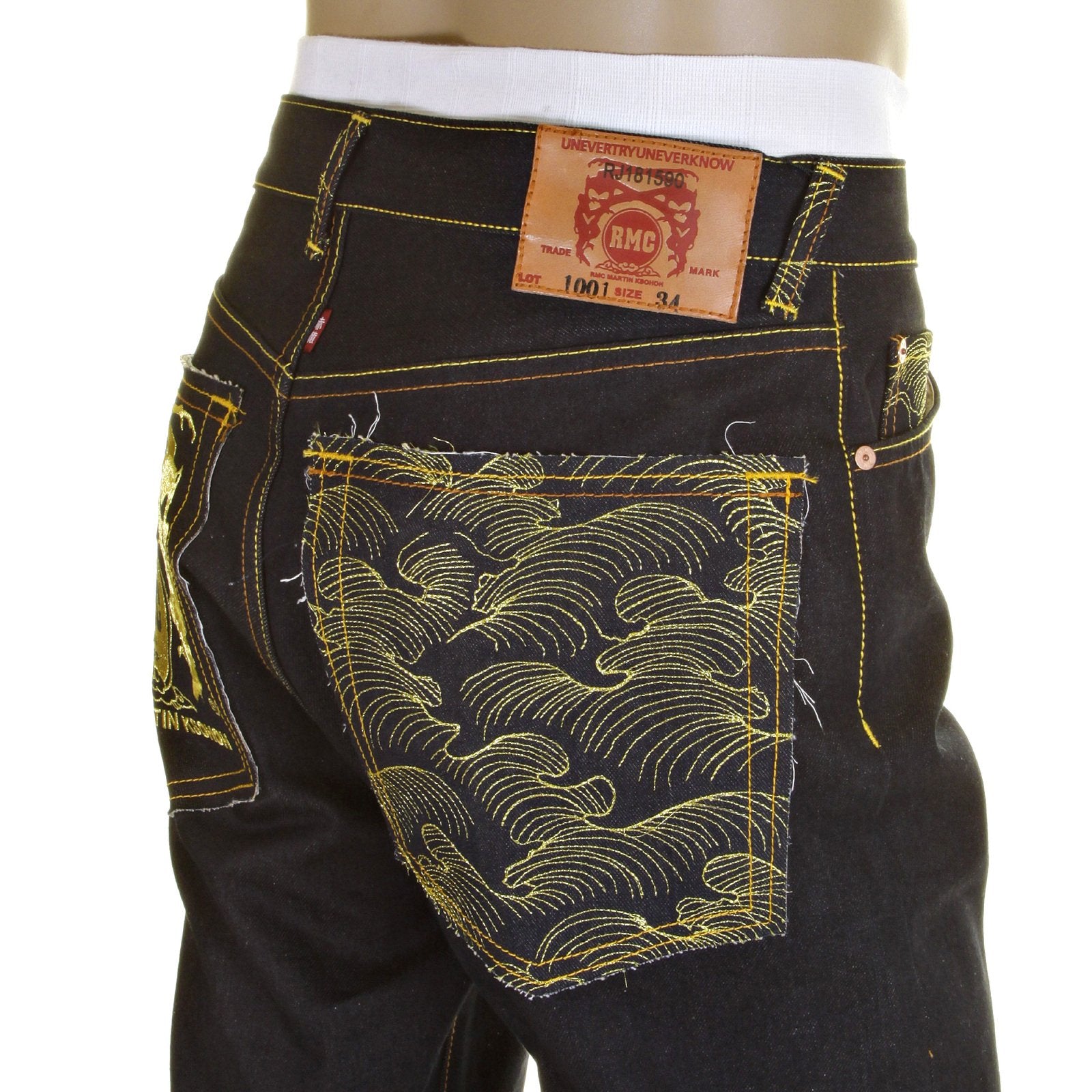 RMC SLIMMER CUT MODEL 1001 AND TSUNAMI WAVE GOLD LOGO DARK INDIGO SELVEDGE RAW DENIM JEANS REDM0240