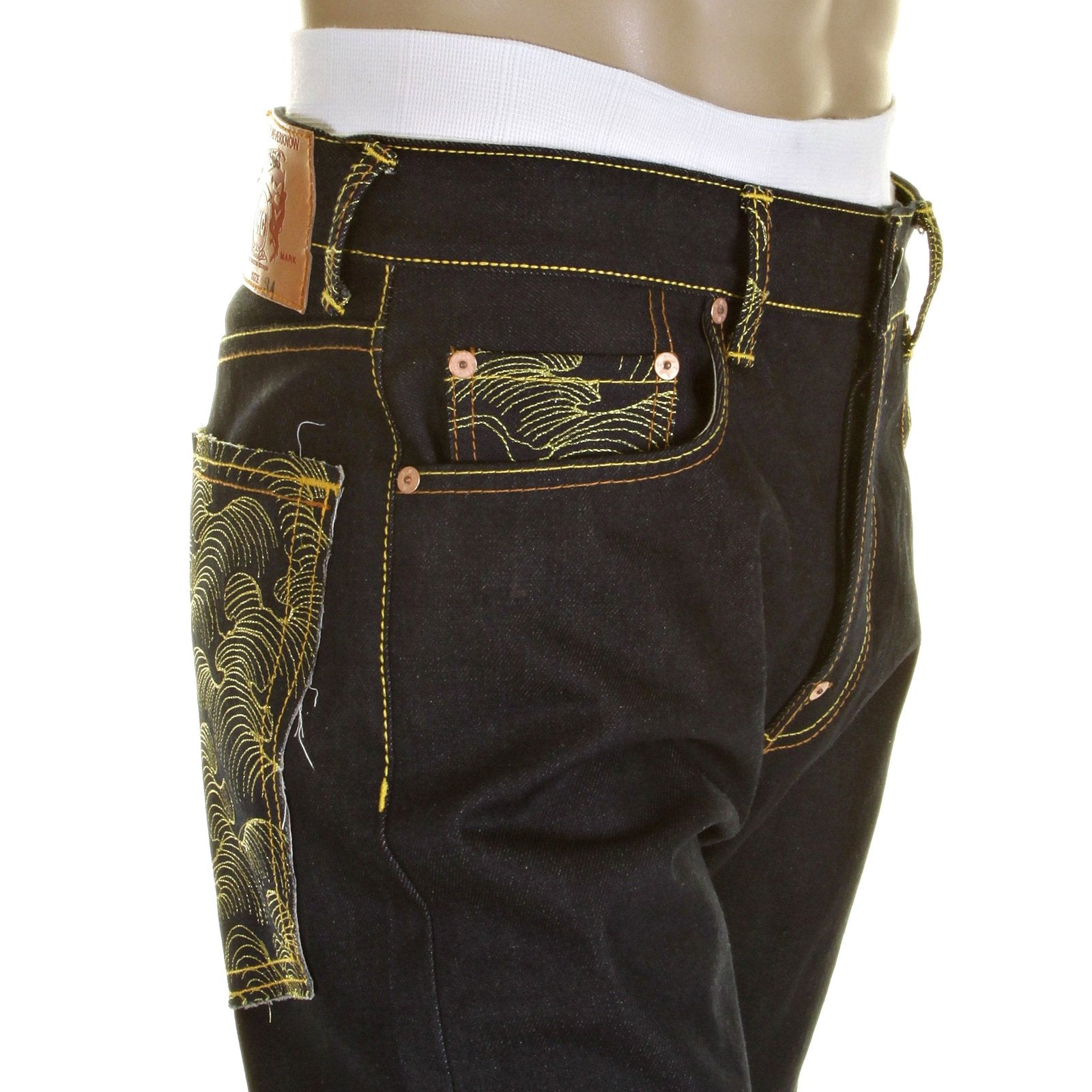 RMC SLIMMER CUT MODEL 1001 AND TSUNAMI WAVE GOLD LOGO DARK INDIGO SELVEDGE RAW DENIM JEANS REDM0240