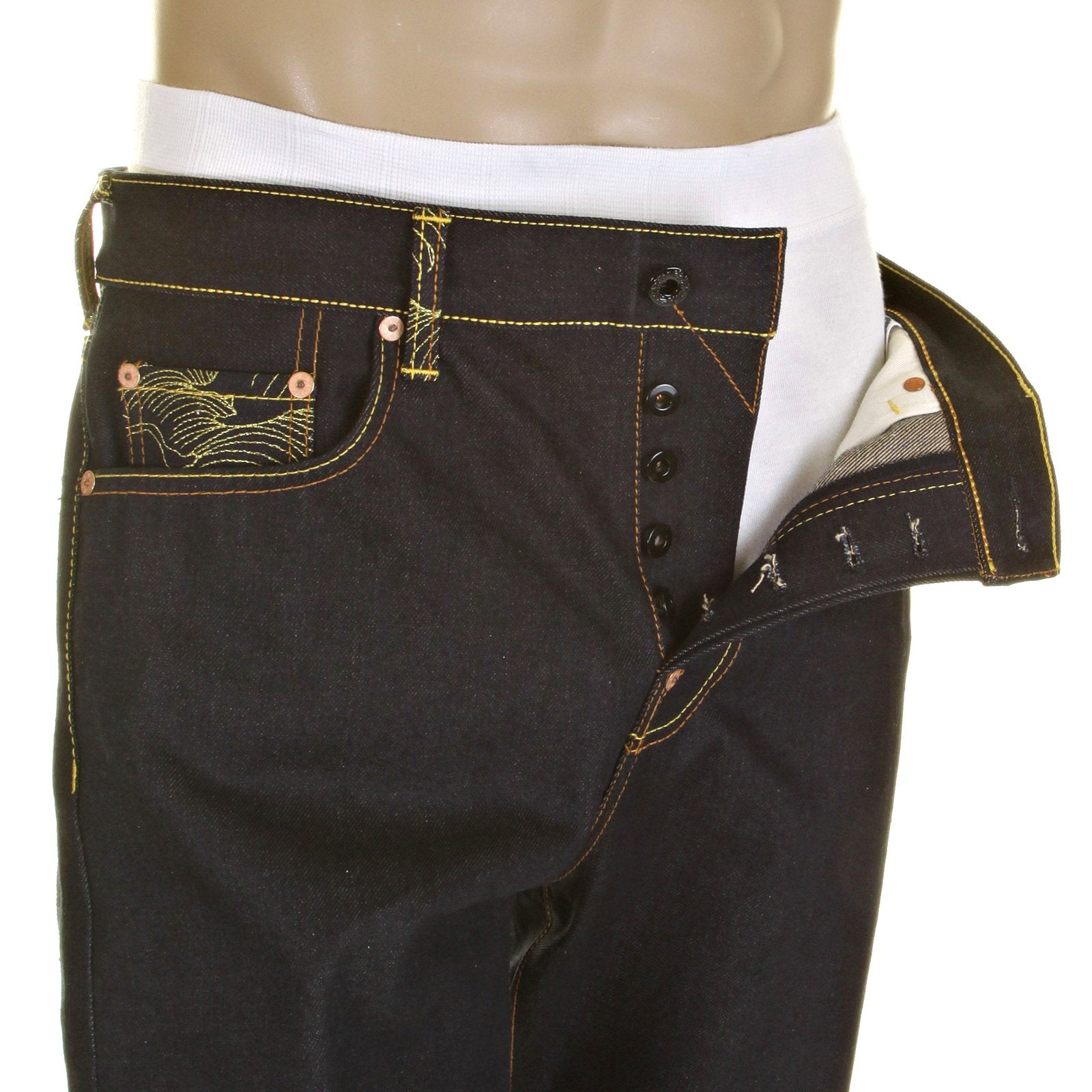 RMC SLIMMER CUT MODEL 1001 AND TSUNAMI WAVE GOLD LOGO DARK INDIGO SELVEDGE RAW DENIM JEANS REDM0240