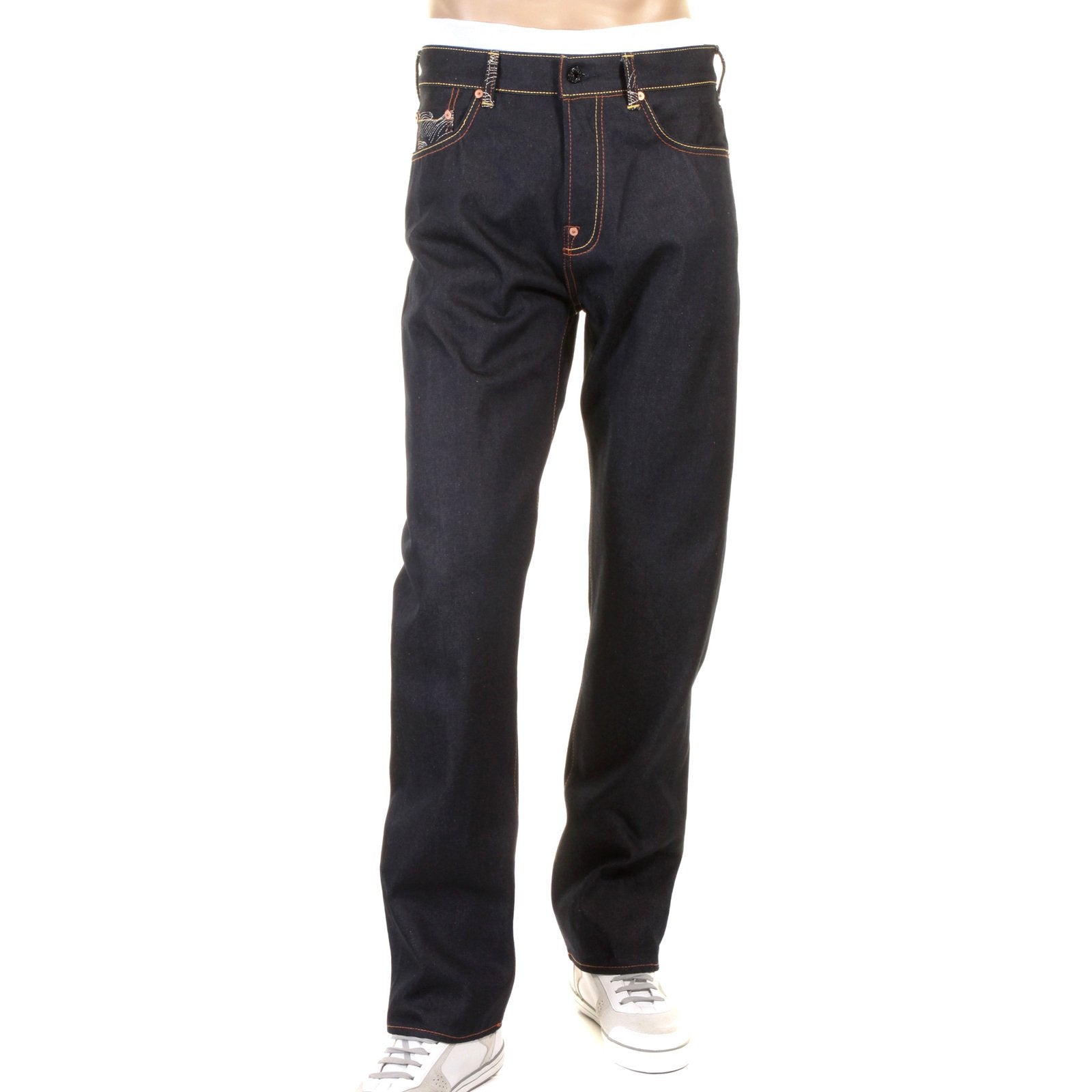 RMC MARTIN KSOHOH SLIM CUT 1001 DARK INDIGO RQP11058 HAPPINESS EMBROIDERED RAW SELVEDGE DENIM JEANS REDM0466