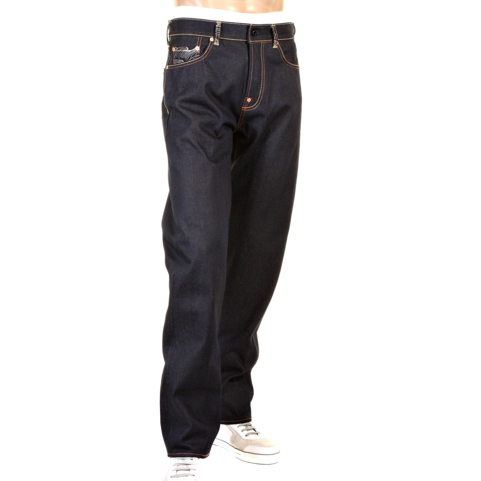 RMC MARTIN KSOHOH SLIM CUT 1001 DARK INDIGO RQP11058 HAPPINESS EMBROIDERED RAW SELVEDGE DENIM JEANS REDM0466