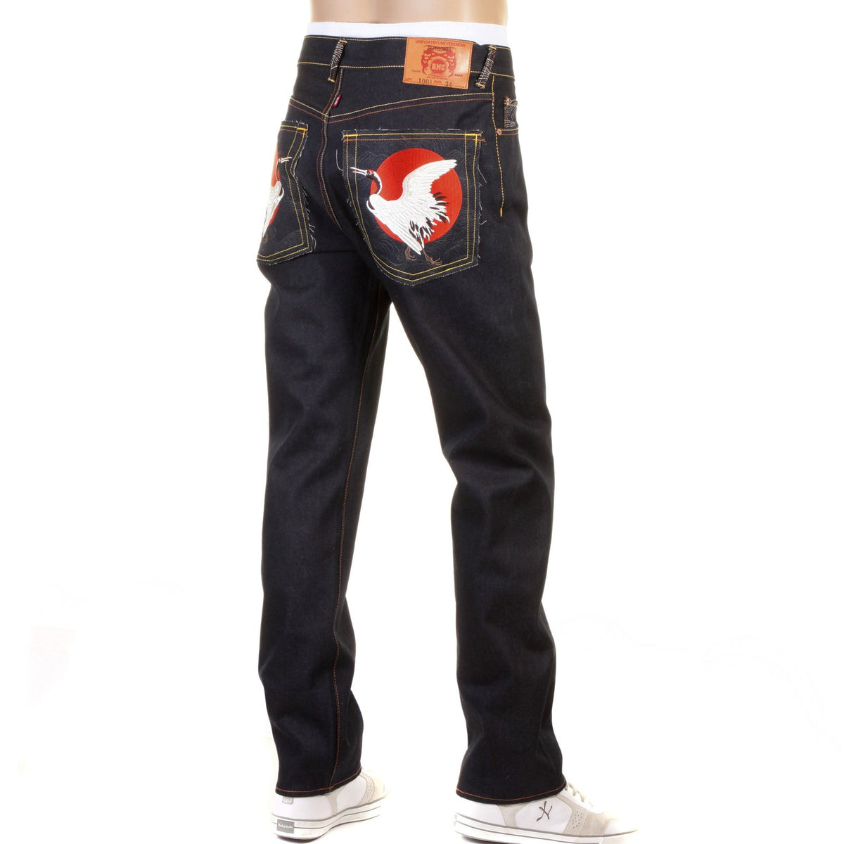 RMC MARTIN KSOHOH SLIM CUT 1001 DARK INDIGO RQP11058 HAPPINESS EMBROIDERED RAW SELVEDGE DENIM JEANS REDM0466