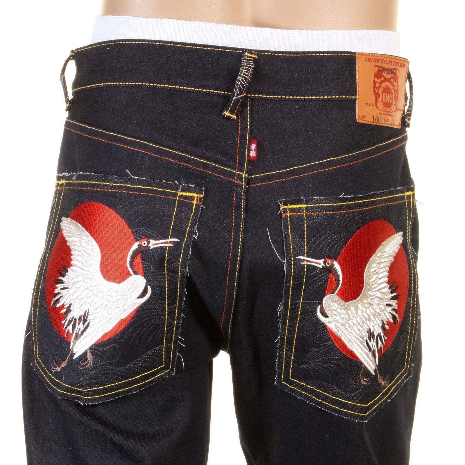 RMC MARTIN KSOHOH SLIM CUT 1001 DARK INDIGO RQP11058 HAPPINESS EMBROIDERED RAW SELVEDGE DENIM JEANS REDM0466
