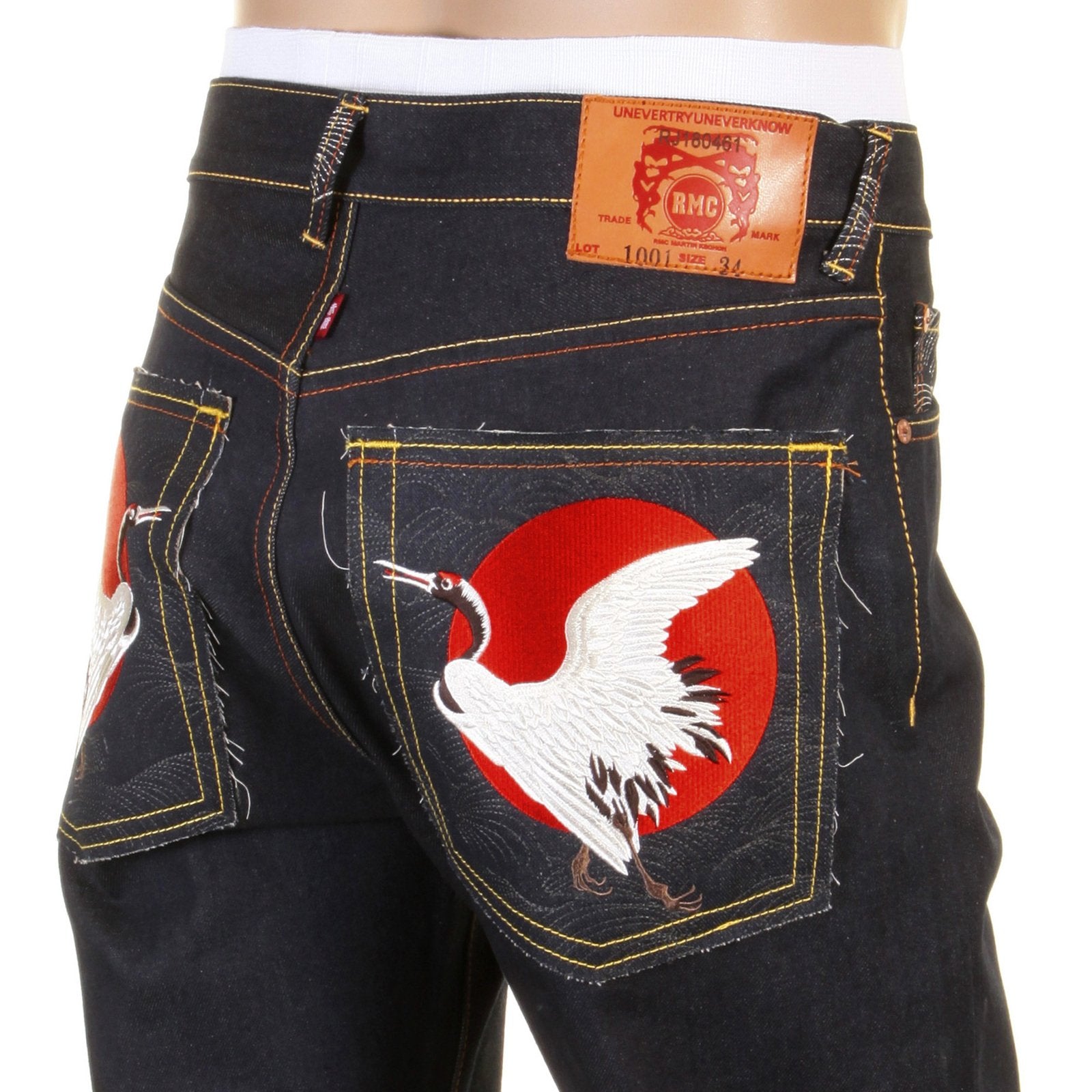 RMC MARTIN KSOHOH SLIM CUT 1001 DARK INDIGO RQP11058 HAPPINESS EMBROIDERED RAW SELVEDGE DENIM JEANS REDM0466