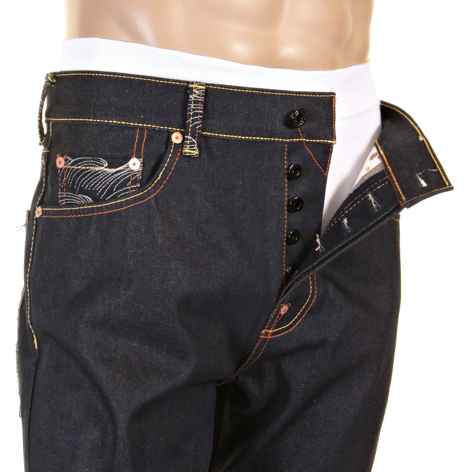 RMC MARTIN KSOHOH SLIM CUT 1001 DARK INDIGO RQP11058 HAPPINESS EMBROIDERED RAW SELVEDGE DENIM JEANS REDM0466