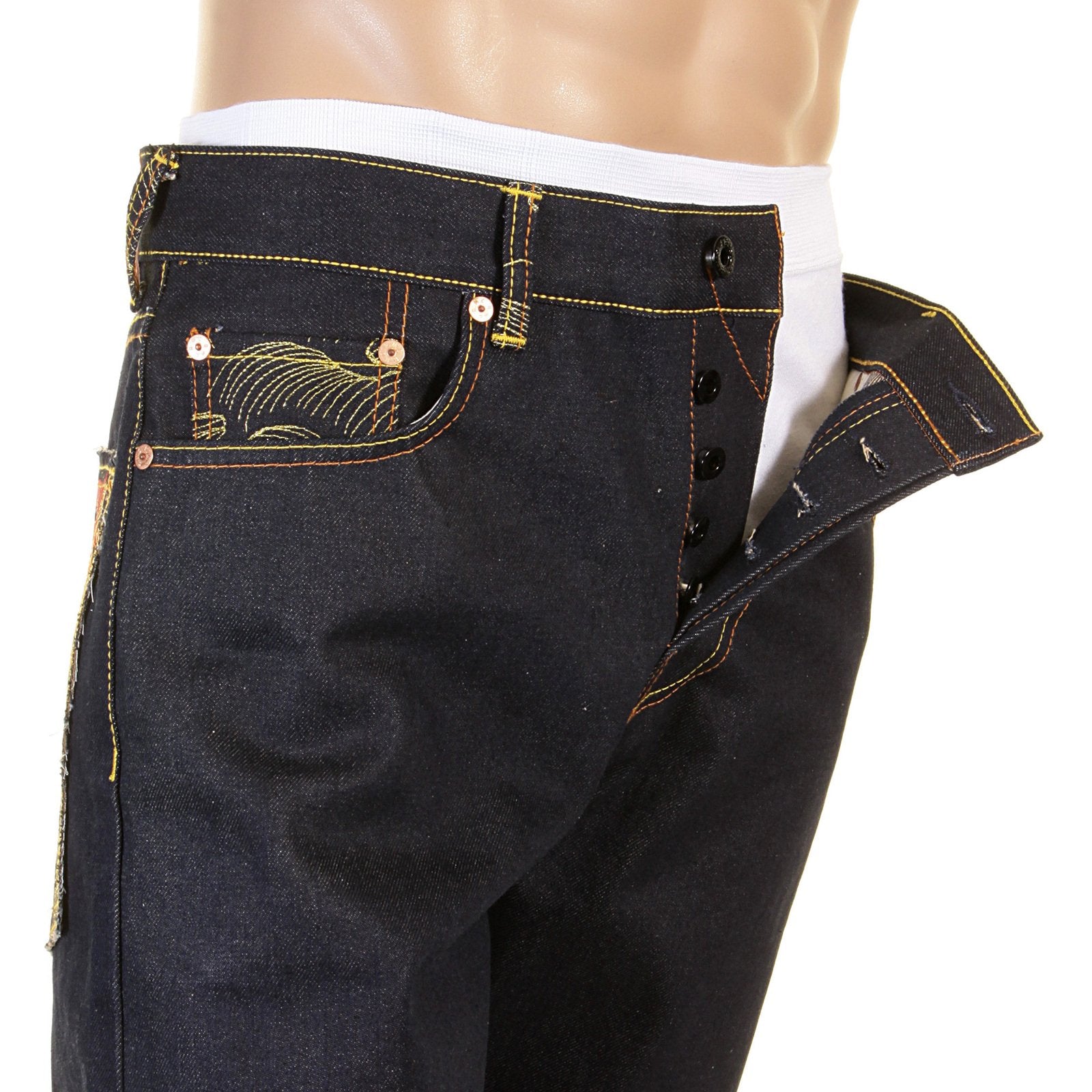 RMC RAW SELVEDGE DENIM 1001 SLIMMER CUT MODEL DARK INDIGO JEANS WITH JAPANESE ART EMBROIDERY REDM0464