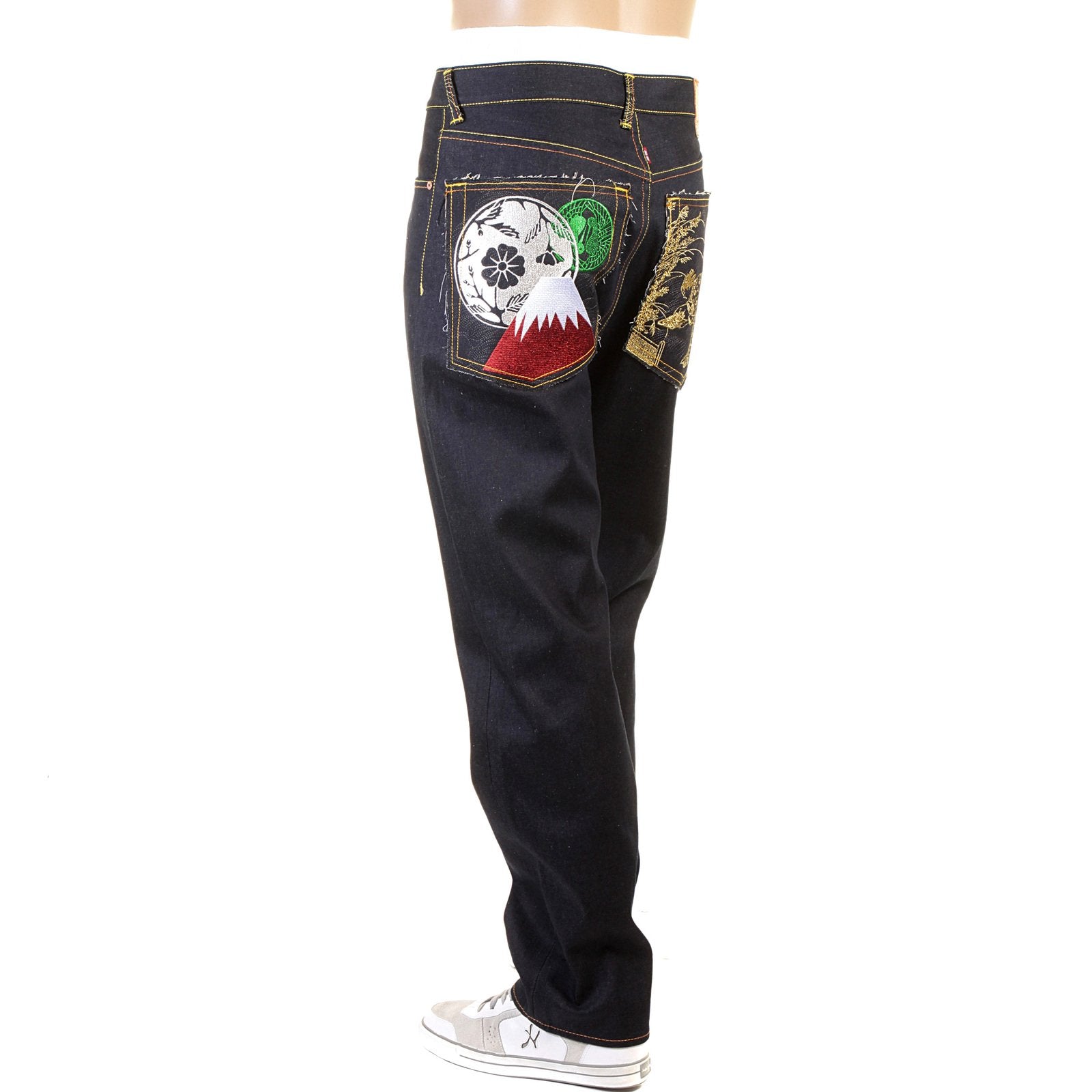 RMC RAW SELVEDGE DENIM 1001 SLIMMER CUT MODEL DARK INDIGO JEANS WITH JAPANESE ART EMBROIDERY REDM0464