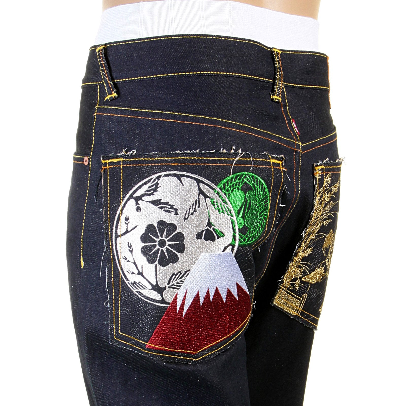 RMC RAW SELVEDGE DENIM 1001 SLIMMER CUT MODEL DARK INDIGO JEANS WITH JAPANESE ART EMBROIDERY REDM0464