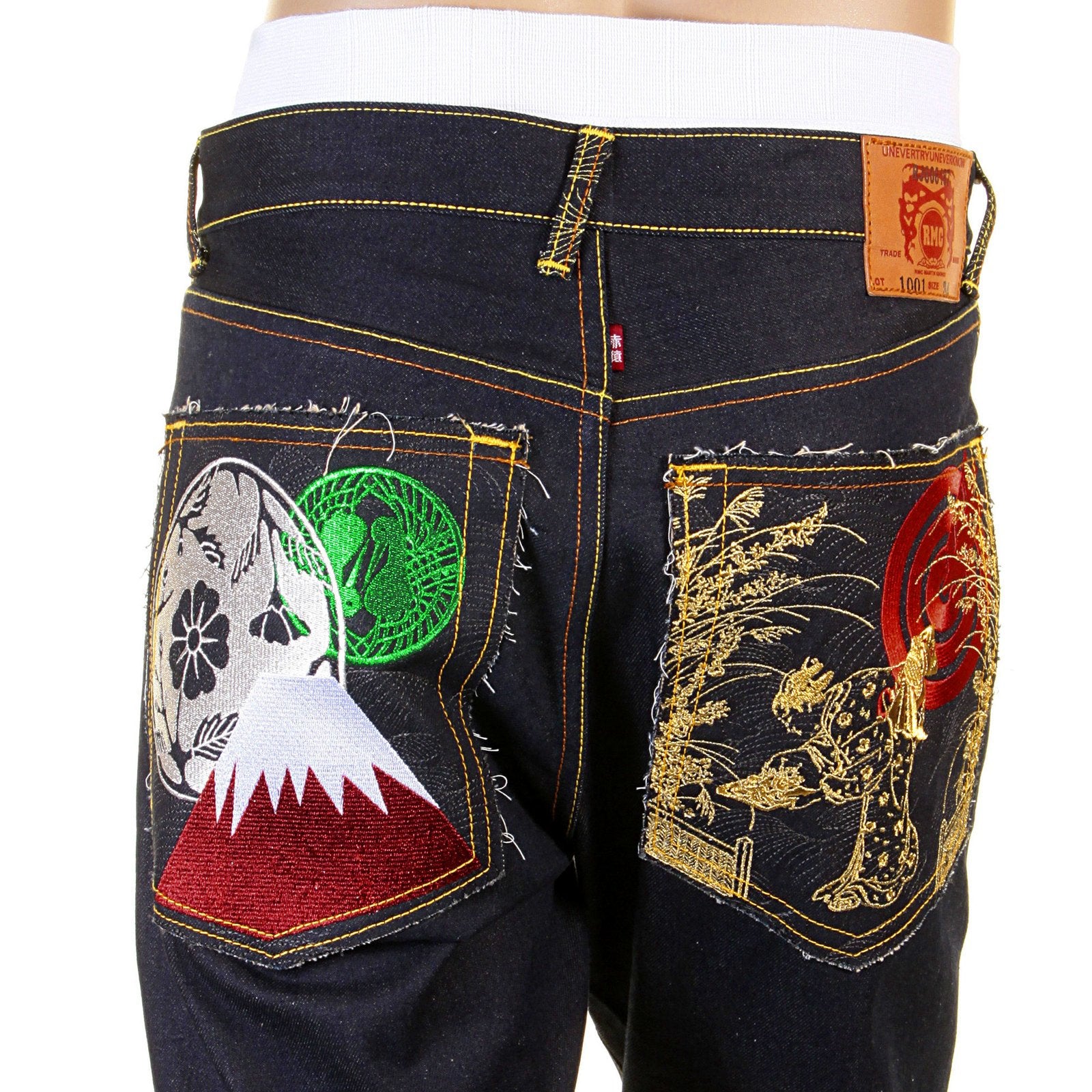 RMC RAW SELVEDGE DENIM 1001 SLIMMER CUT MODEL DARK INDIGO JEANS WITH JAPANESE ART EMBROIDERY REDM0464