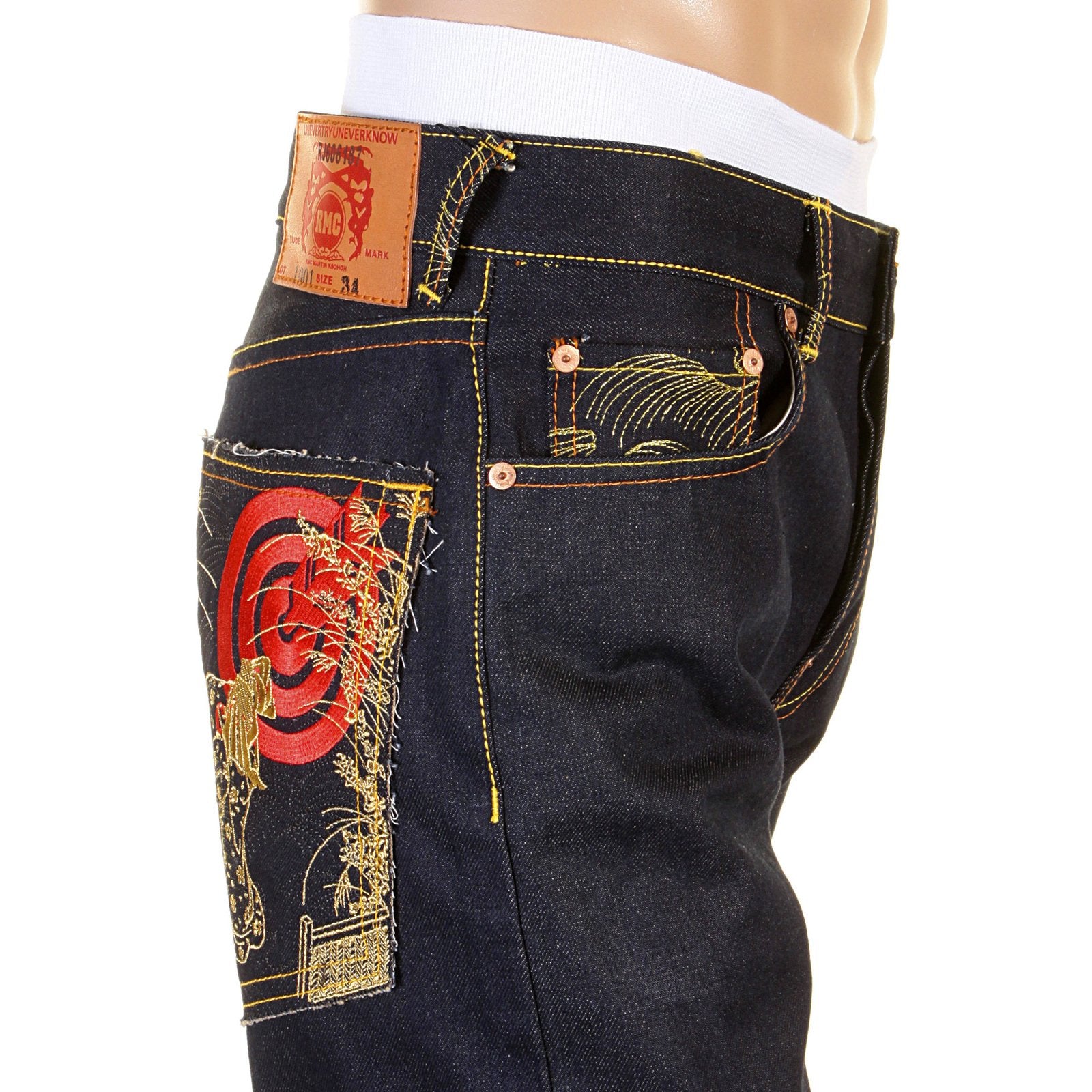 RMC RAW SELVEDGE DENIM 1001 SLIMMER CUT MODEL DARK INDIGO JEANS WITH JAPANESE ART EMBROIDERY REDM0464