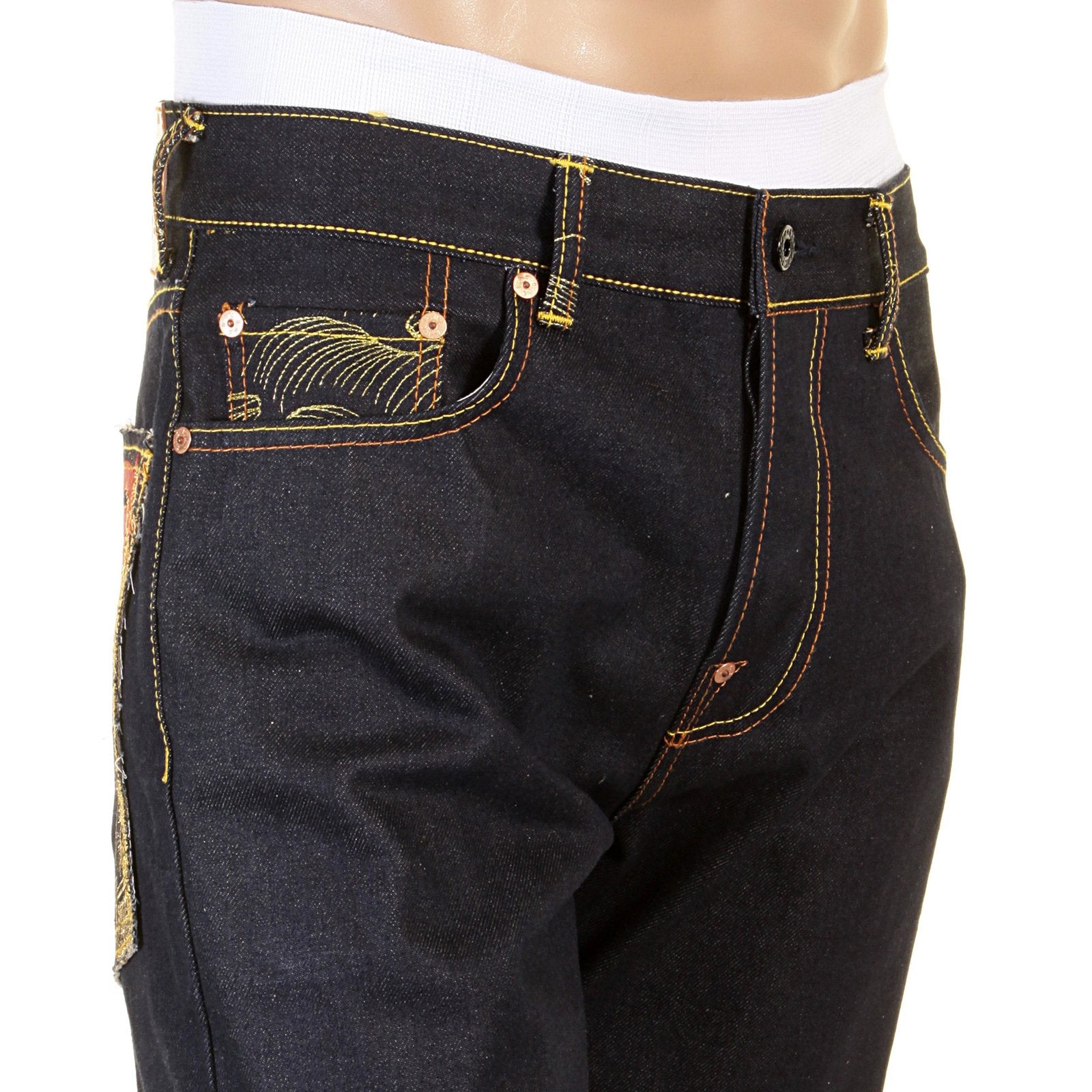 RMC RAW SELVEDGE DENIM 1001 SLIMMER CUT MODEL DARK INDIGO JEANS WITH JAPANESE ART EMBROIDERY REDM0464