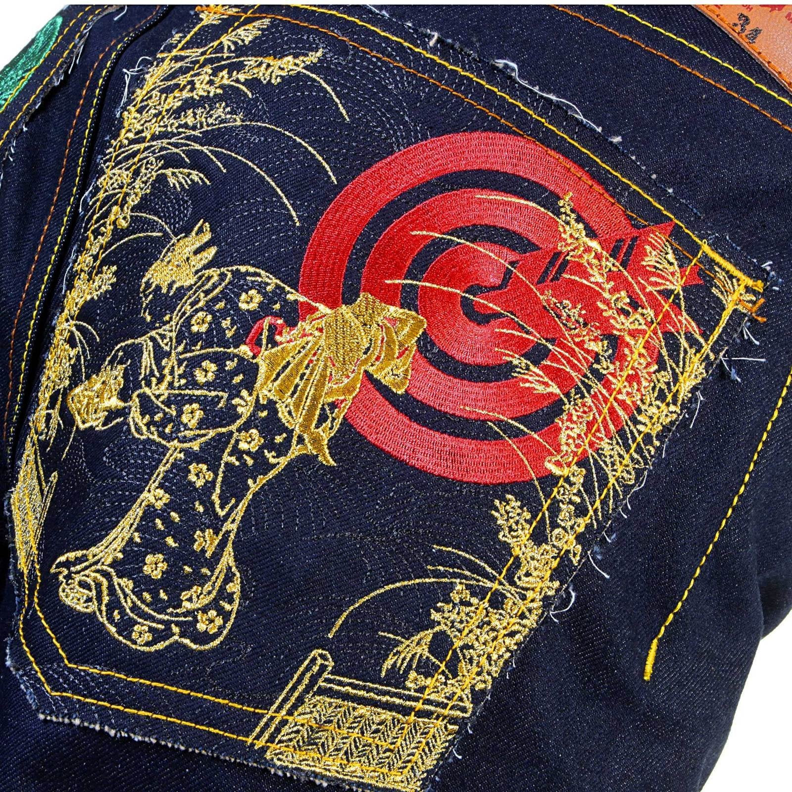 RMC RAW SELVEDGE DENIM 1001 SLIMMER CUT MODEL DARK INDIGO JEANS WITH JAPANESE ART EMBROIDERY REDM0464
