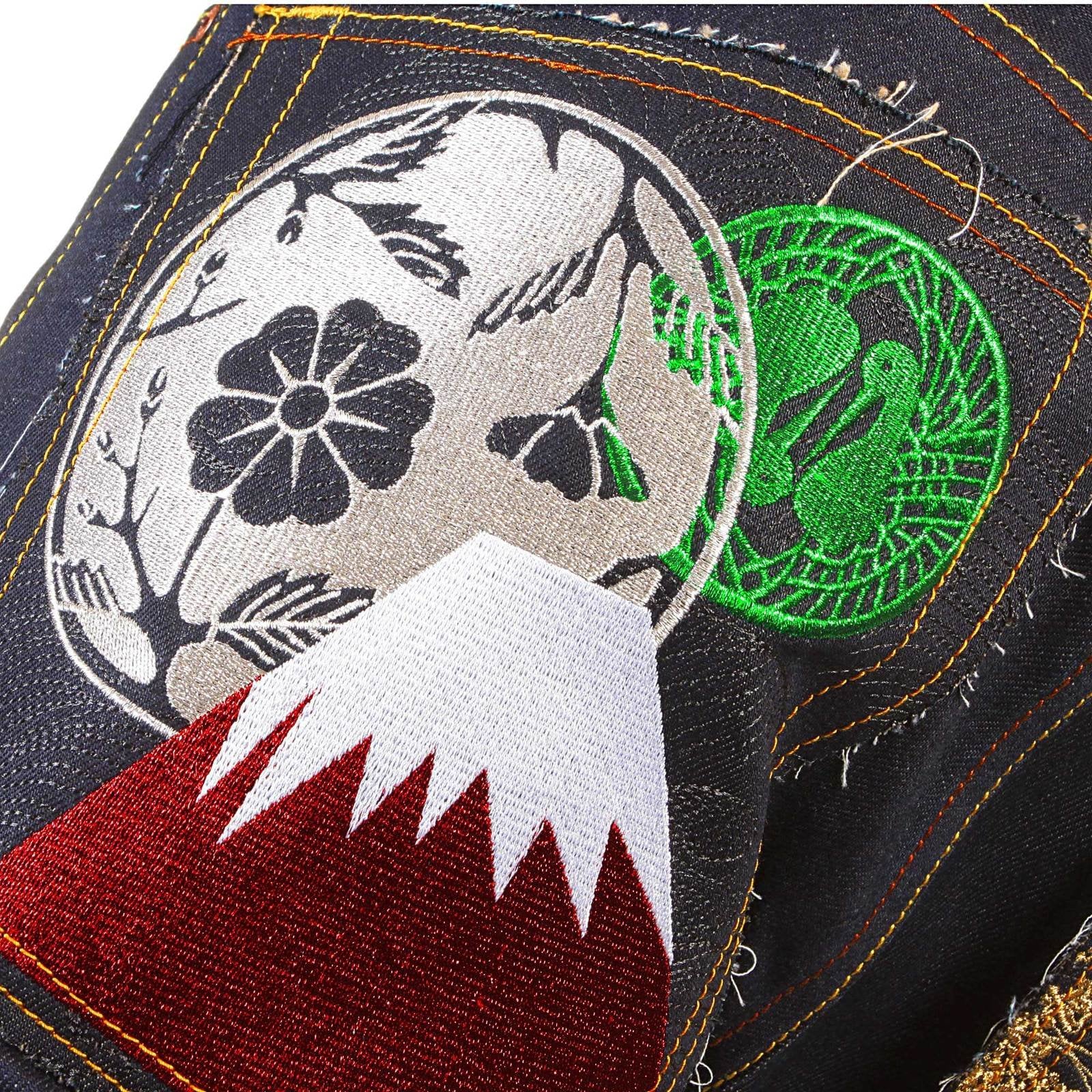 RMC RAW SELVEDGE DENIM 1001 SLIMMER CUT MODEL DARK INDIGO JEANS WITH JAPANESE ART EMBROIDERY REDM0464