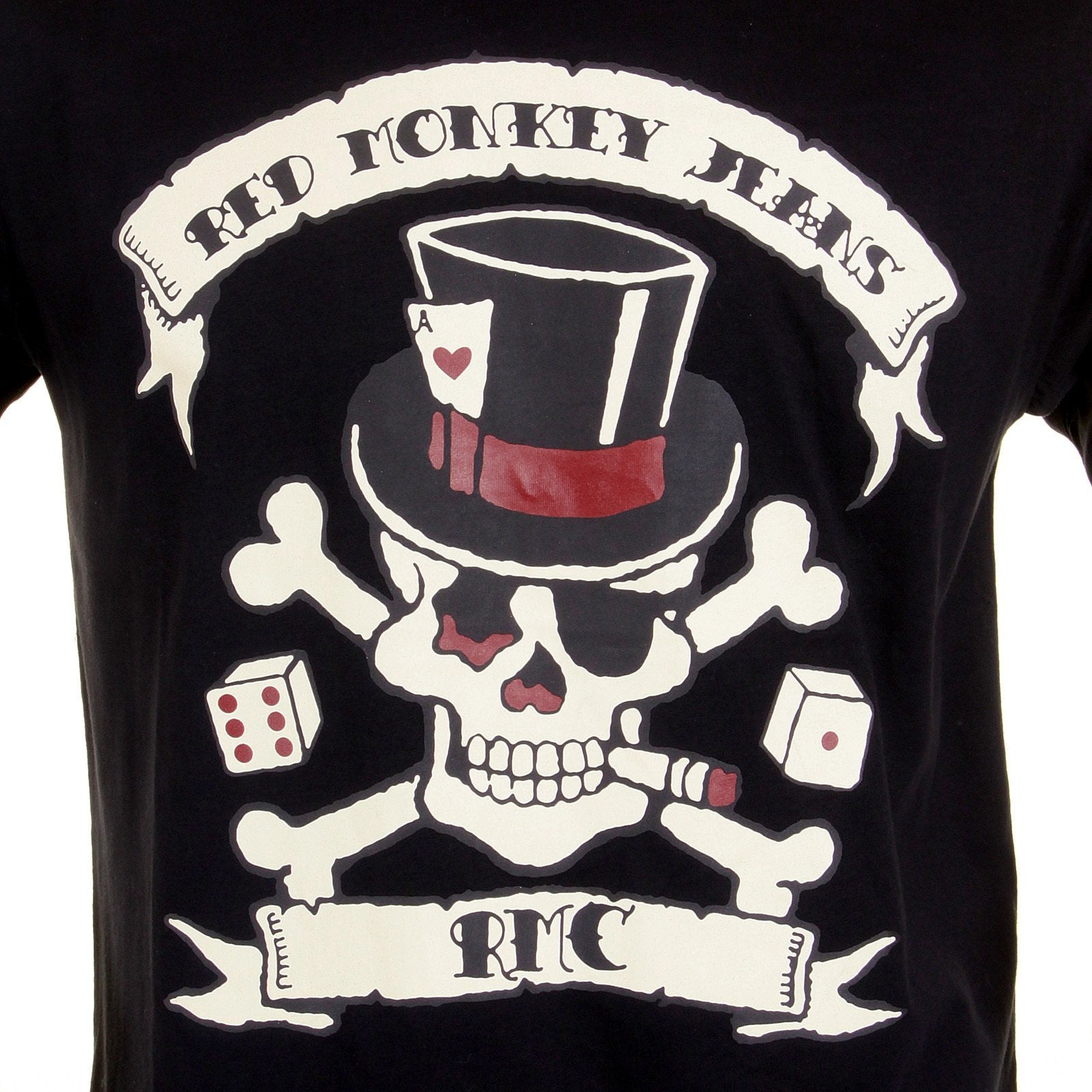 RMC CREW NECK BLACK REGULAR FIT T SHIRT WITH SMOKING SKULL AND CROSSBONES PRINT REDM2092