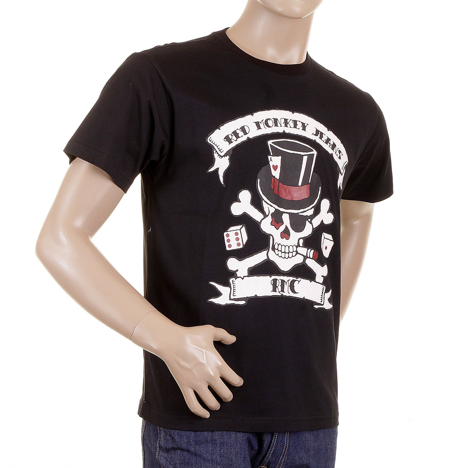 RMC CREW NECK BLACK REGULAR FIT T SHIRT WITH SMOKING SKULL AND CROSSBONES PRINT REDM2092