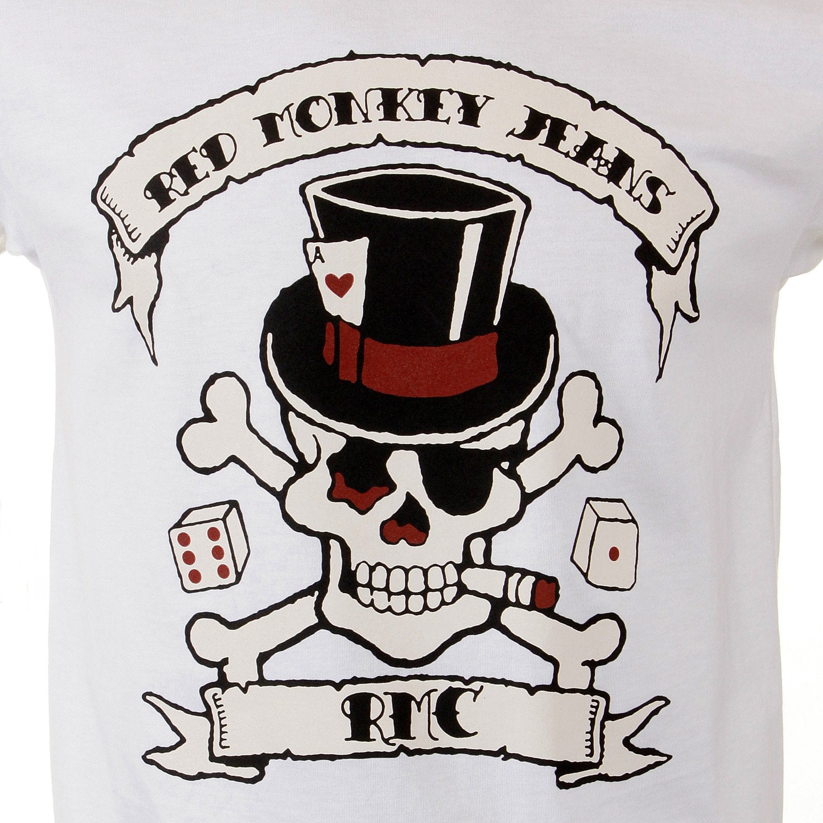 RMC REGULAR FIT SHORT SLEEVE CREW NECK SMOKING SKULL AND CROSSBONES PRINTED T SHIRT IN WHITE REDM2091