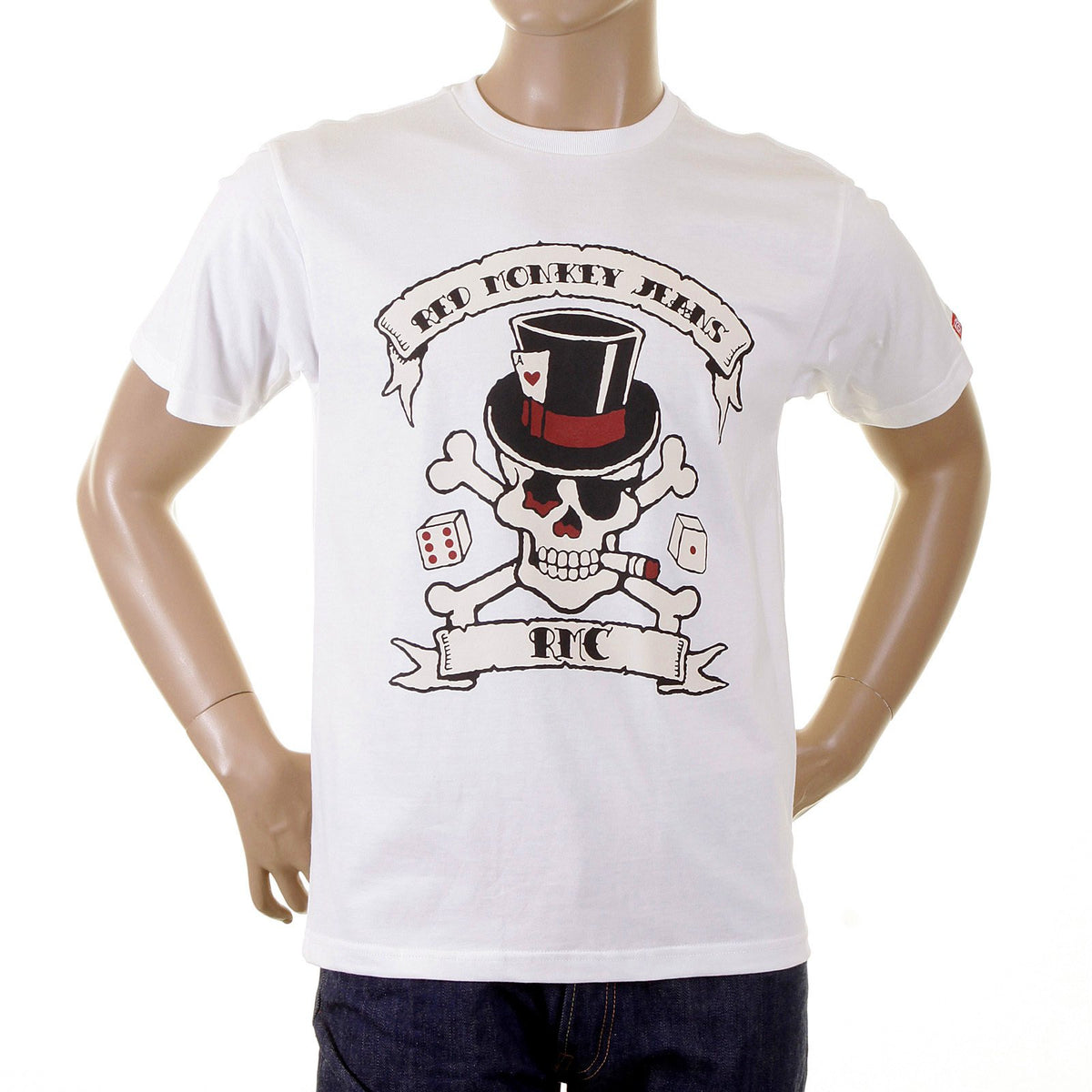 RMC REGULAR FIT SHORT SLEEVE CREW NECK SMOKING SKULL AND CROSSBONES PRINTED T SHIRT IN WHITE REDM2091
