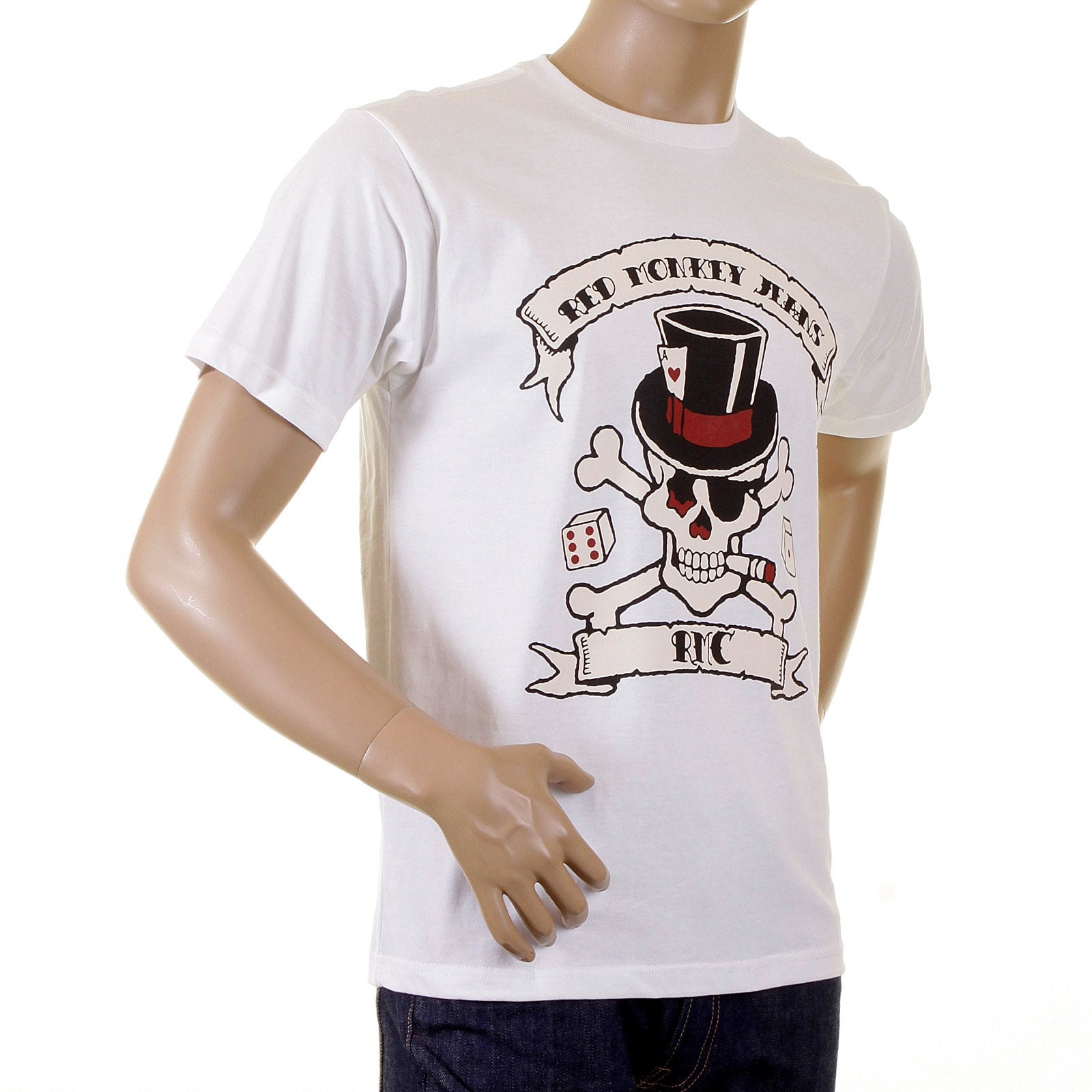 RMC REGULAR FIT SHORT SLEEVE CREW NECK SMOKING SKULL AND CROSSBONES PRINTED T SHIRT IN WHITE REDM2091