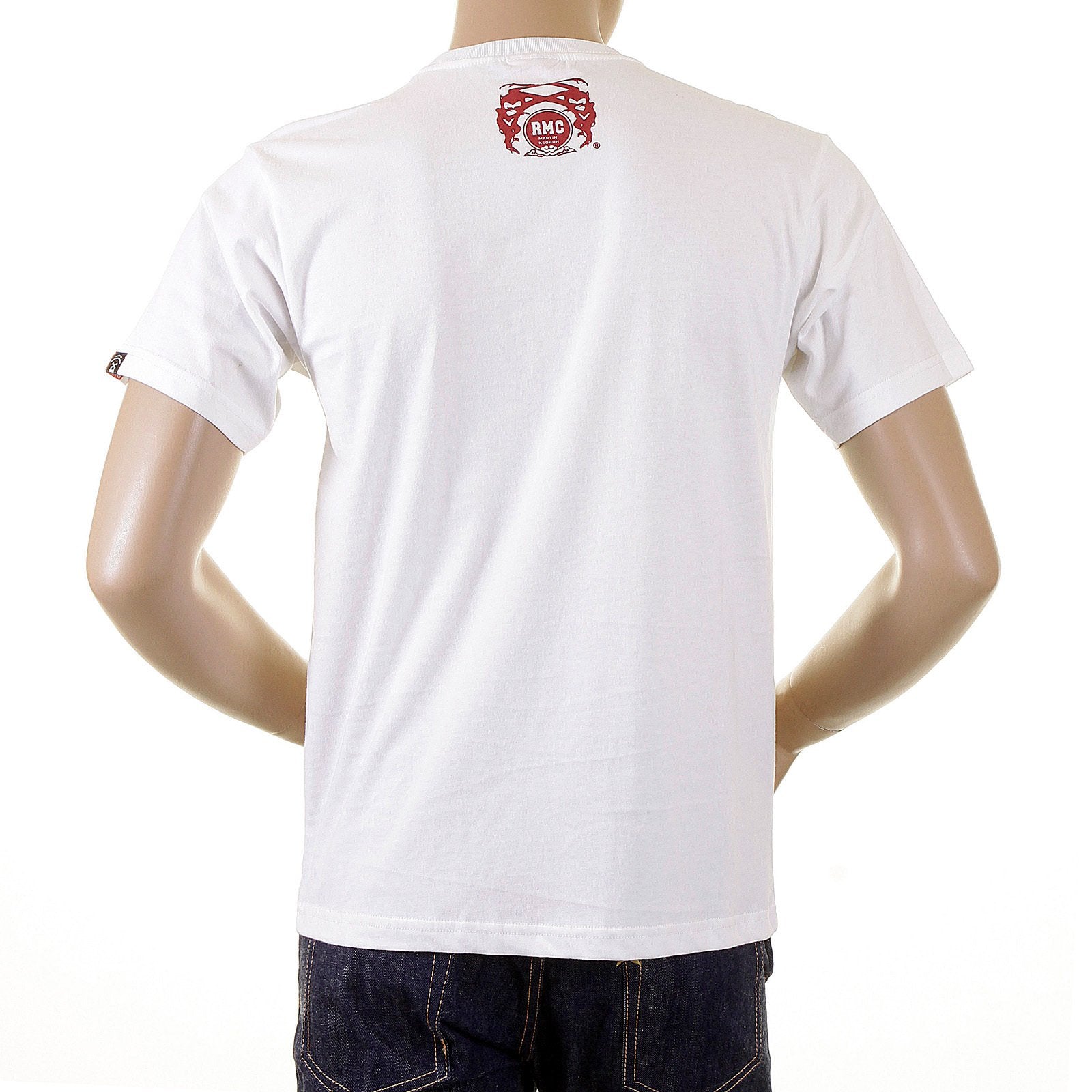 RMC REGULAR FIT SHORT SLEEVE CREW NECK SMOKING SKULL AND CROSSBONES PRINTED T SHIRT IN WHITE REDM2091