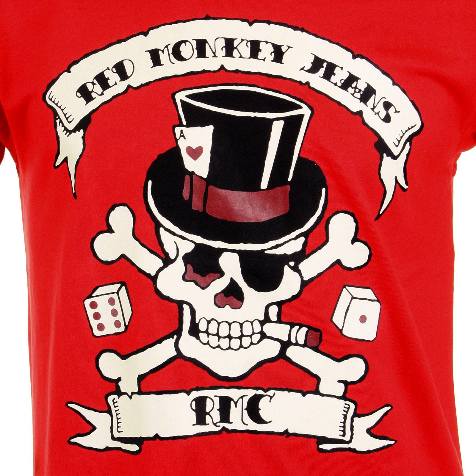 RMC CREW NECK REGULAR FIT SHORT SLEEVE SMOKING SKULL AND CROSSBONES PRINTED T SHIRT IN RED REDM2090