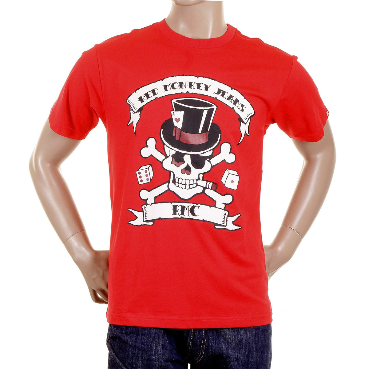 RMC CREW NECK REGULAR FIT SHORT SLEEVE SMOKING SKULL AND CROSSBONES PRINTED T SHIRT IN RED REDM2090