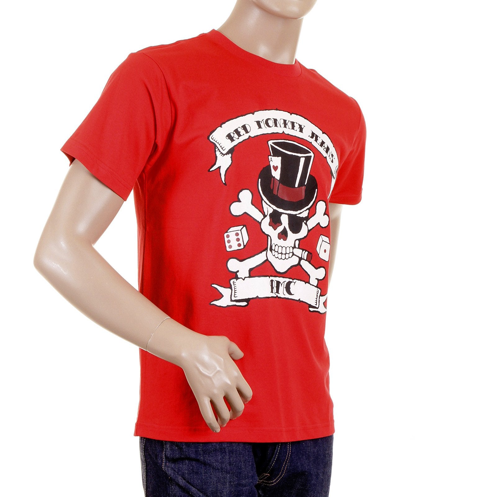 RMC CREW NECK REGULAR FIT SHORT SLEEVE SMOKING SKULL AND CROSSBONES PRINTED T SHIRT IN RED REDM2090